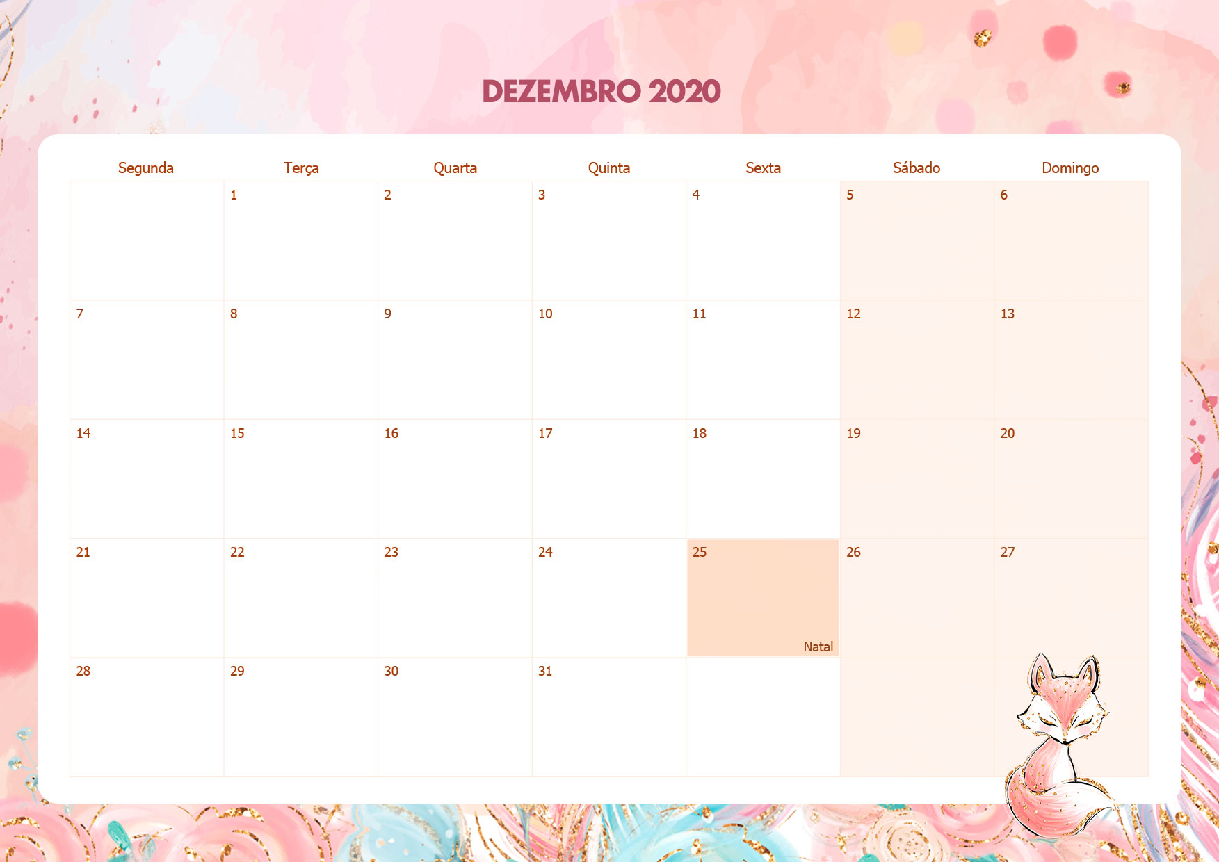 Calendario Mensal Raposinha Dezembro 2020