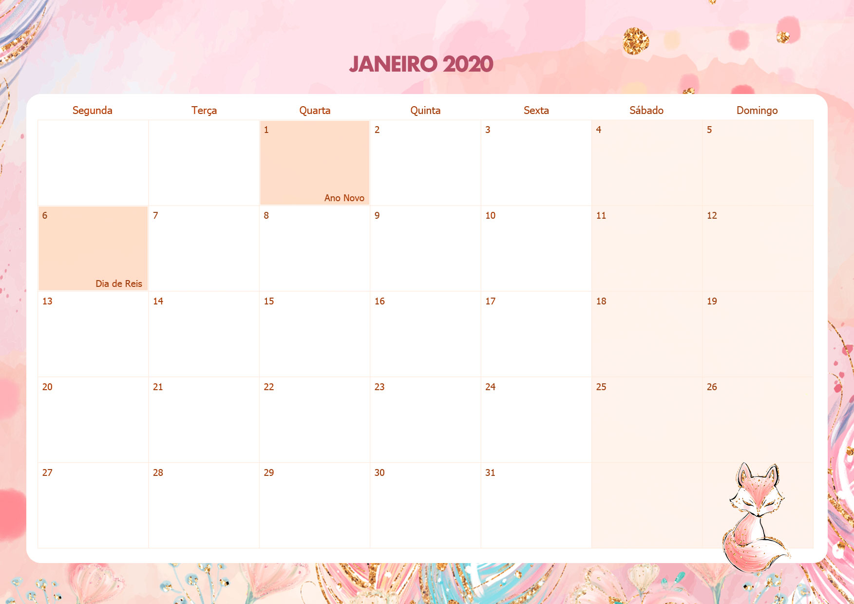 Calendario Mensal Raposinha Janeiro 2020