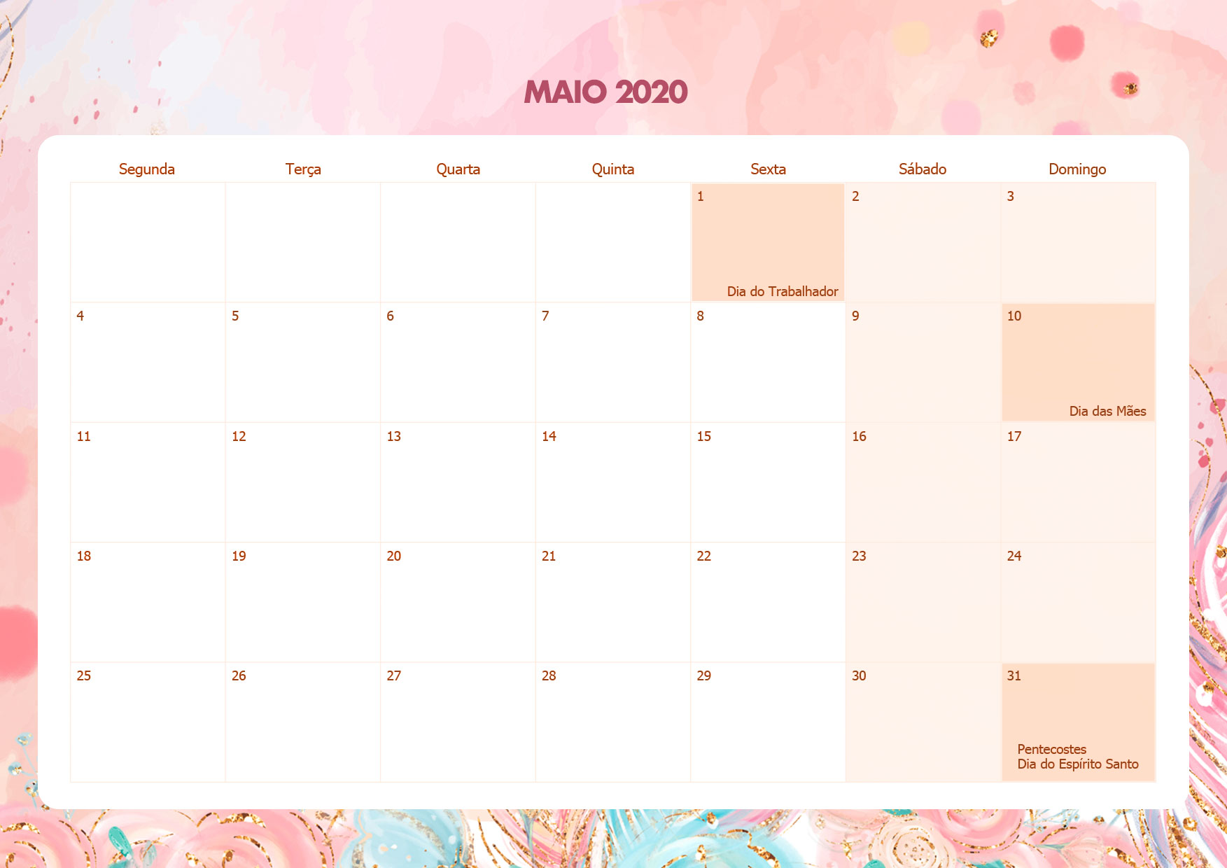 Calendario Mensal Raposinha Maio 2020