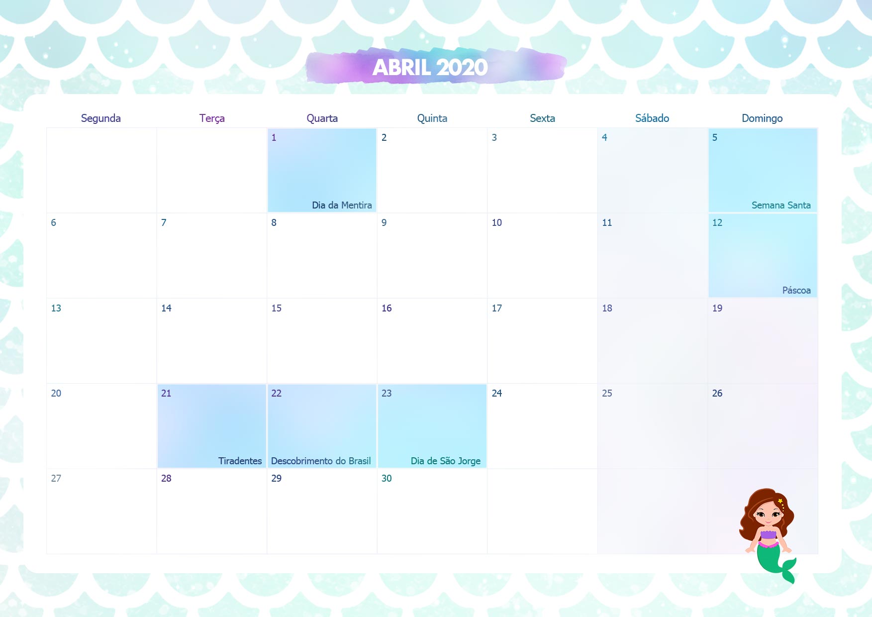 Calendario Mensal Sereia Abril 2020