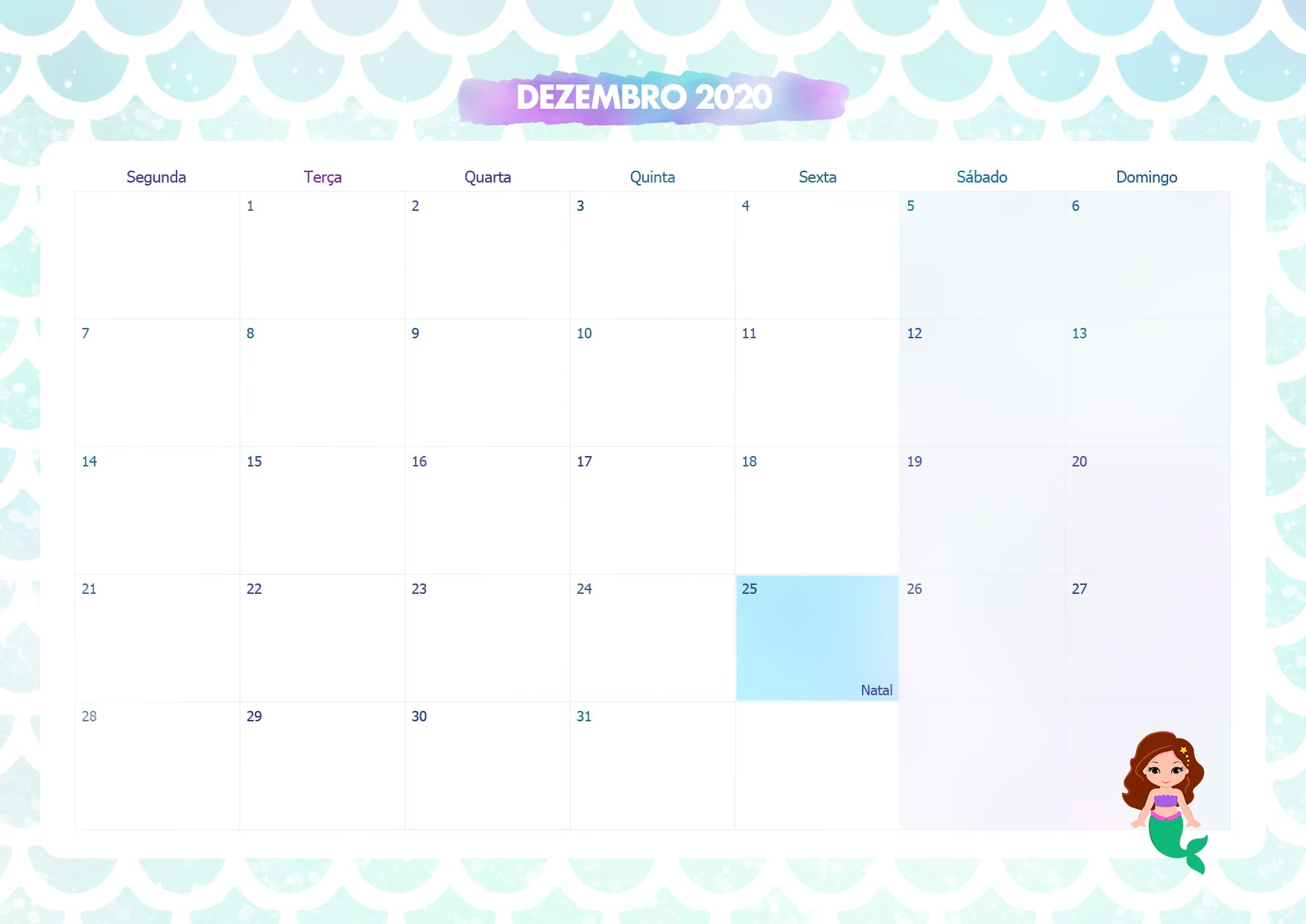 Calendario Mensal Sereia Dezembro 2020