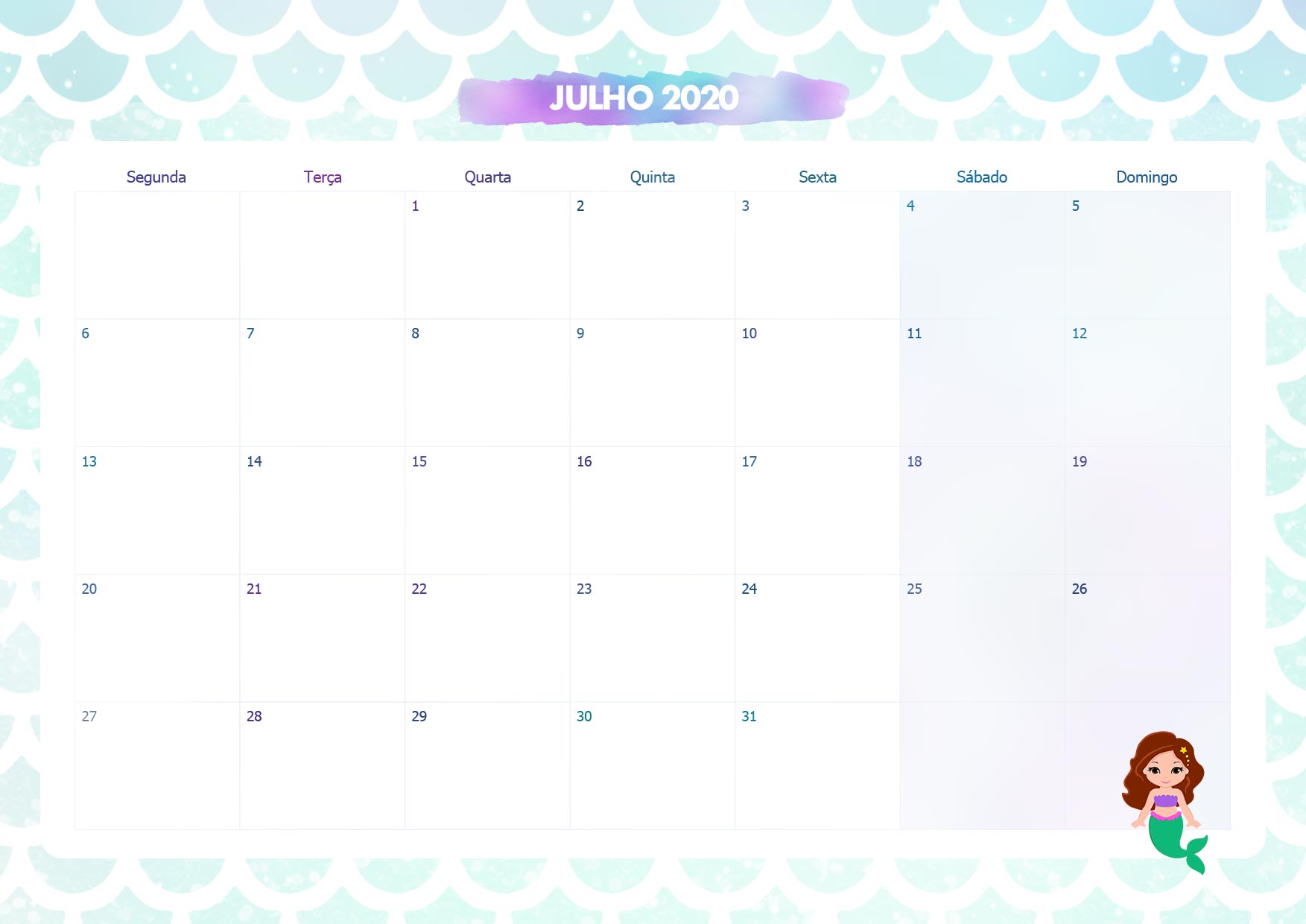 Calendario Mensal Sereia Julho 2020
