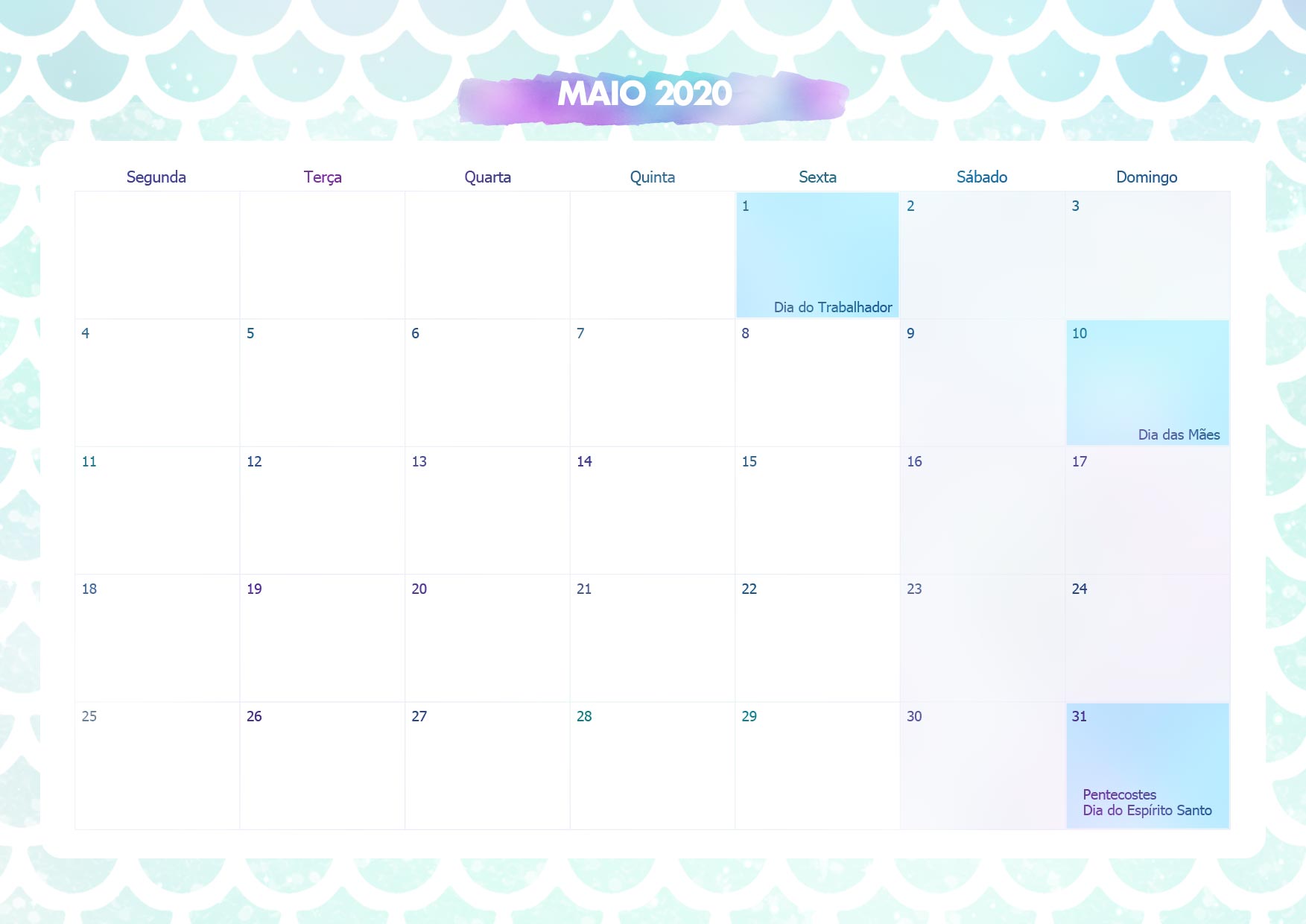 Calendario Mensal Sereia Maio 2020