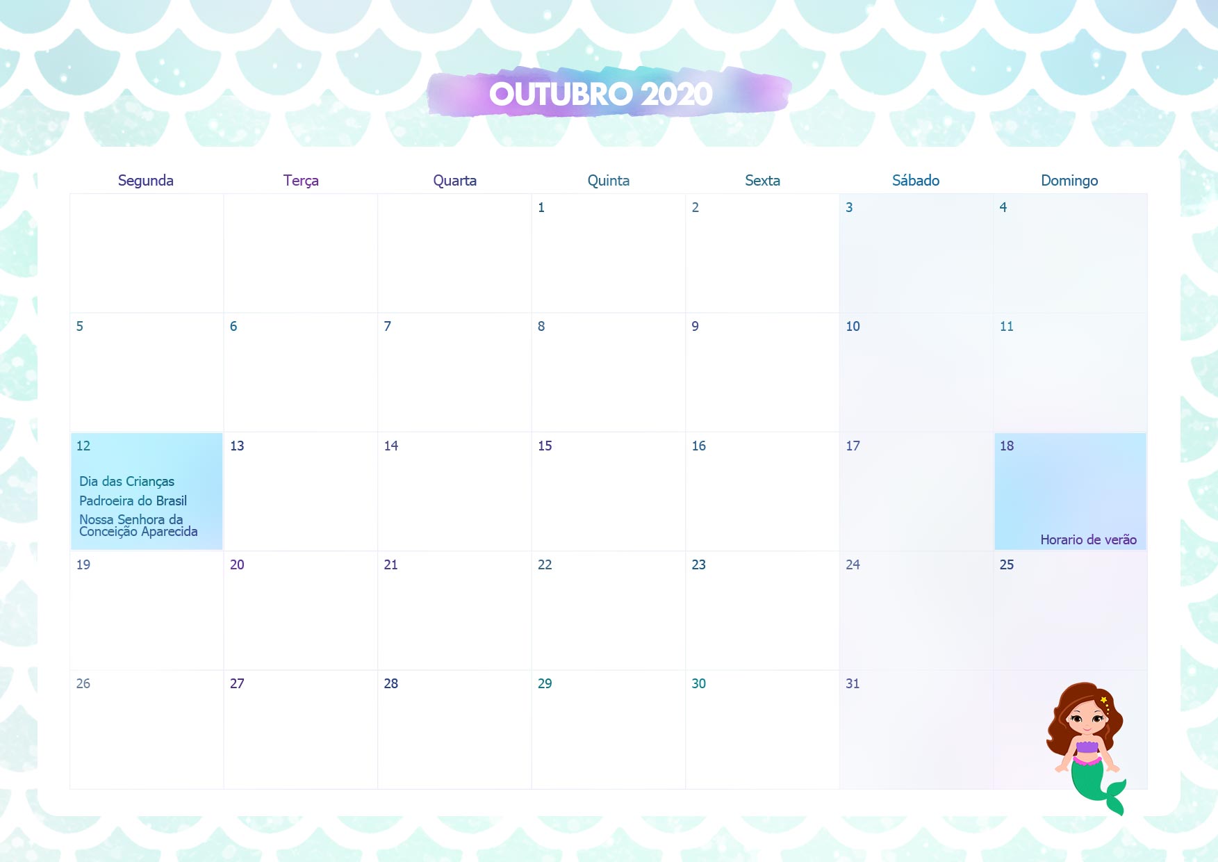 Calendario Mensal Sereia Outubro 2020