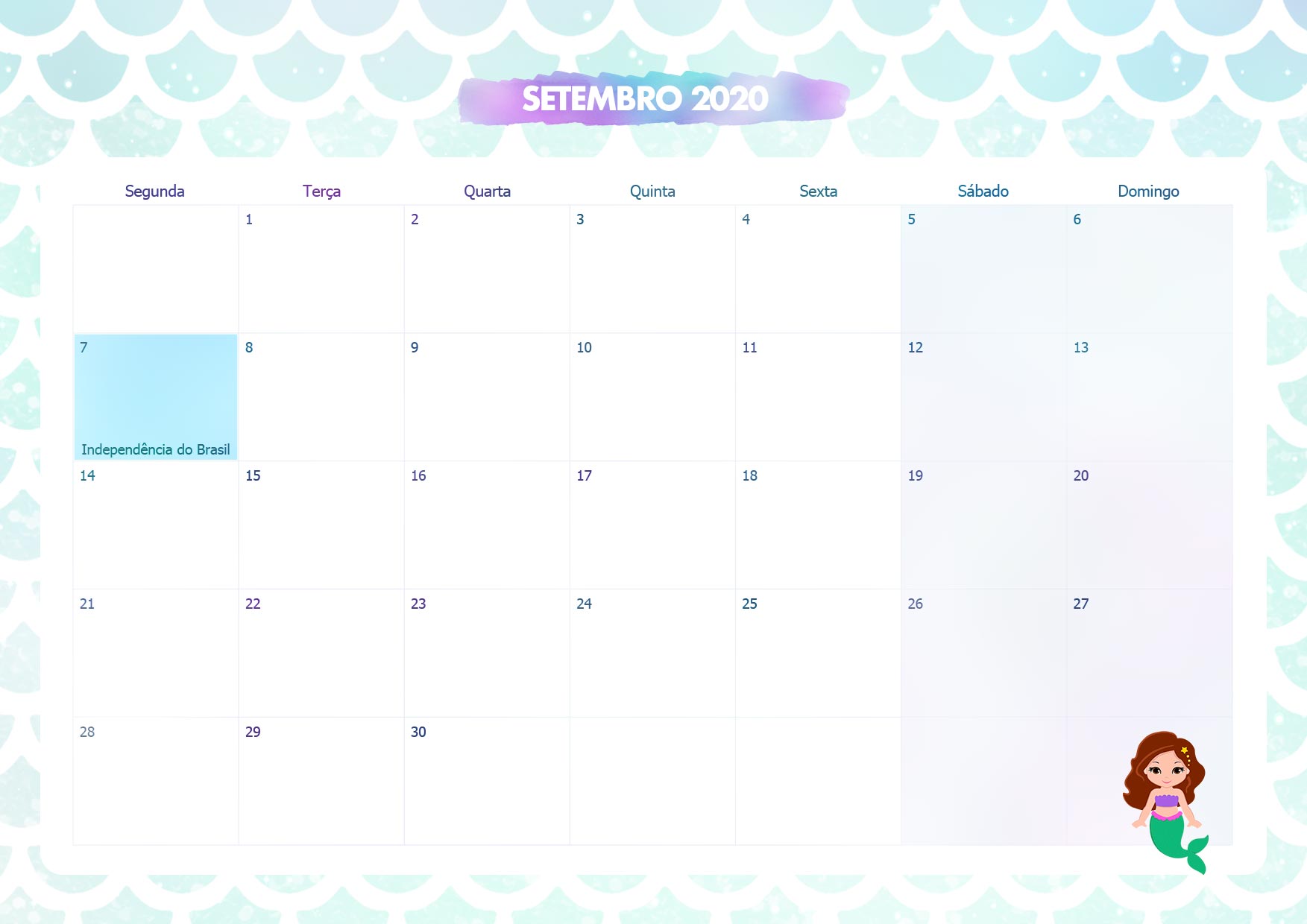 Calendario Mensal Sereia Setembro 2020
