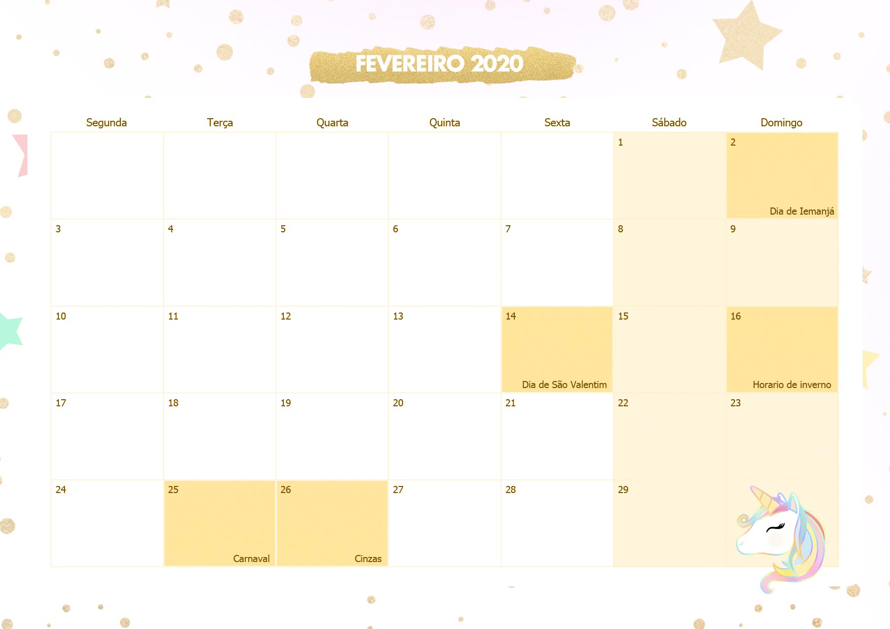 Calendario Mensal Unicornio Dourado Fevereiro 2020