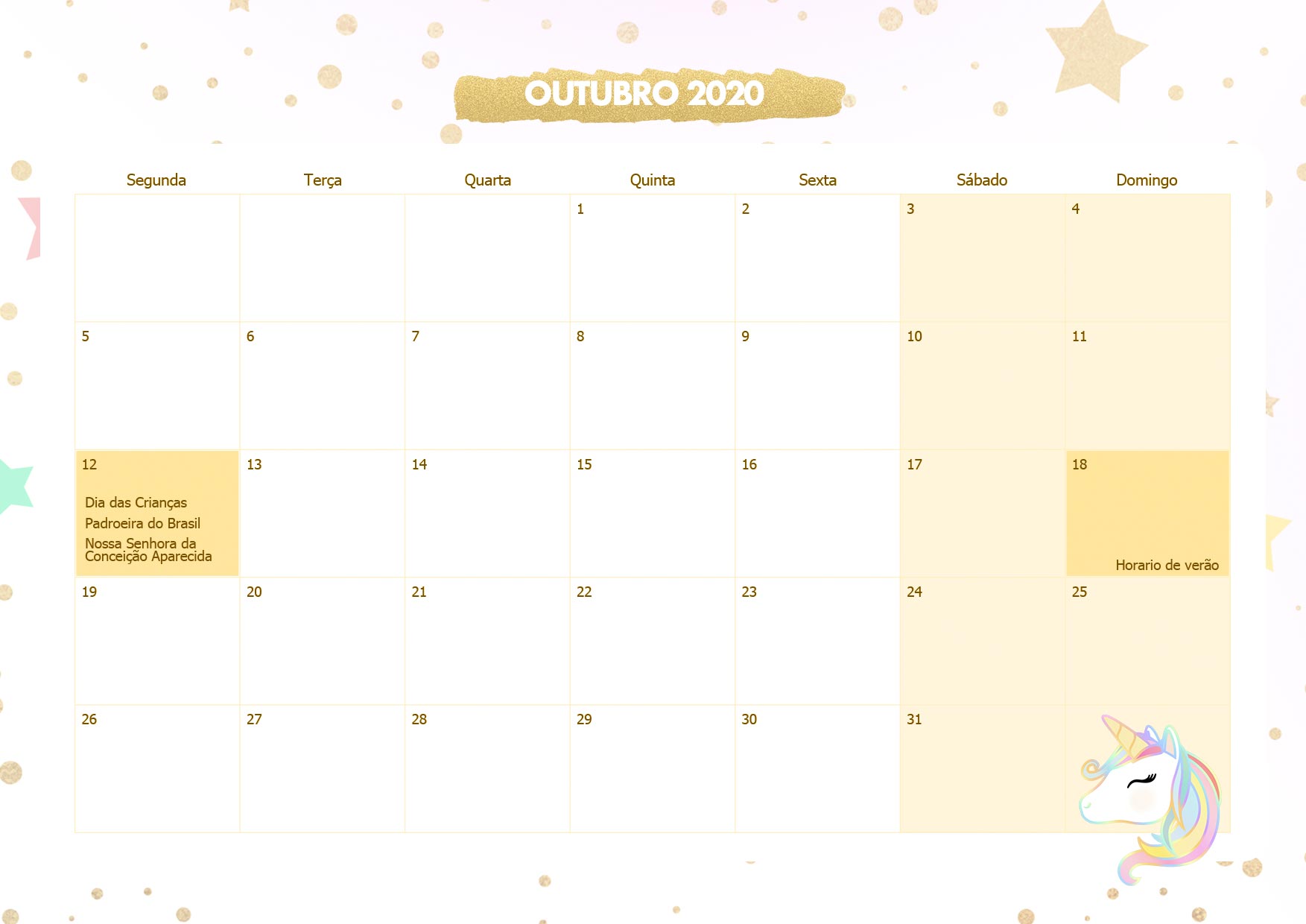 Calendario Mensal Unicornio Dourado Outubro 2020