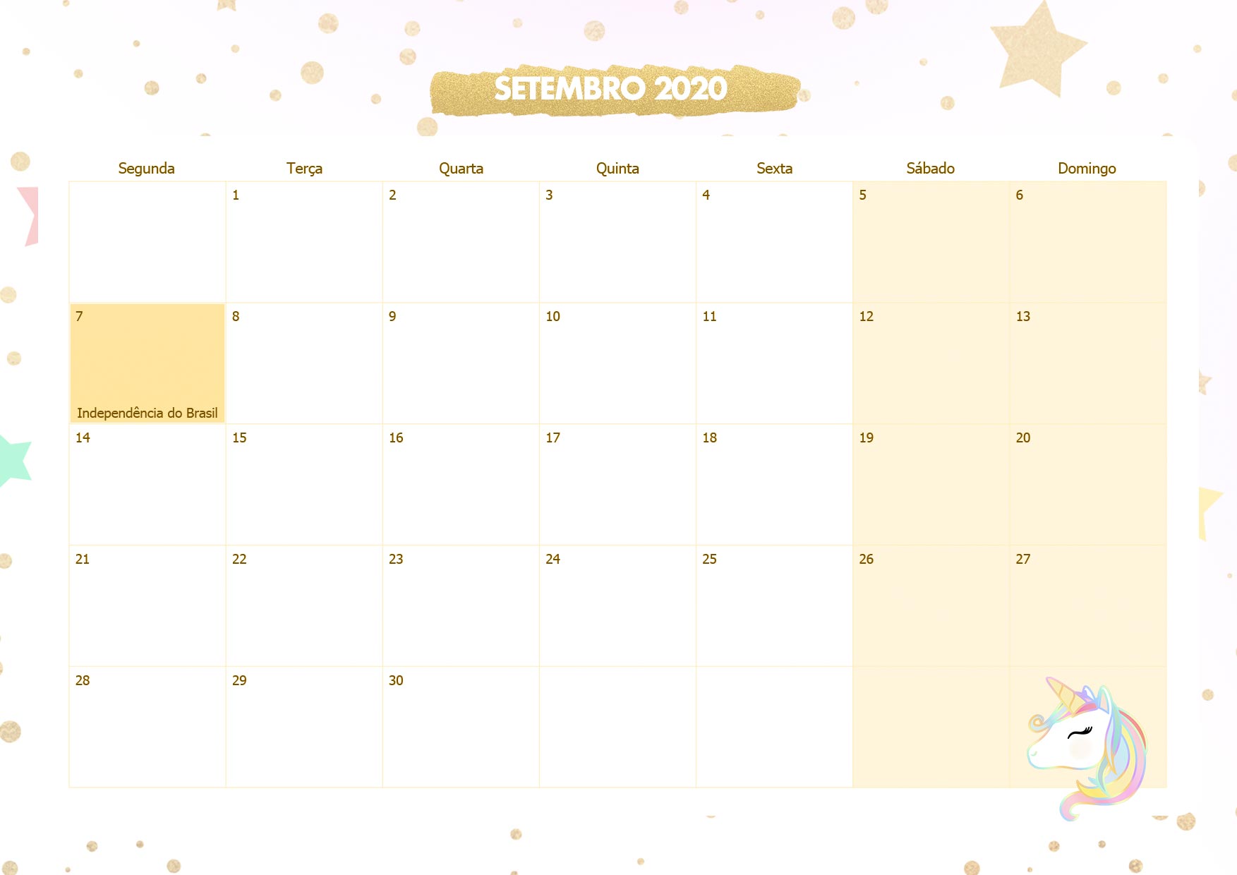 Calendario Mensal Unicornio Dourado Setembro 2020