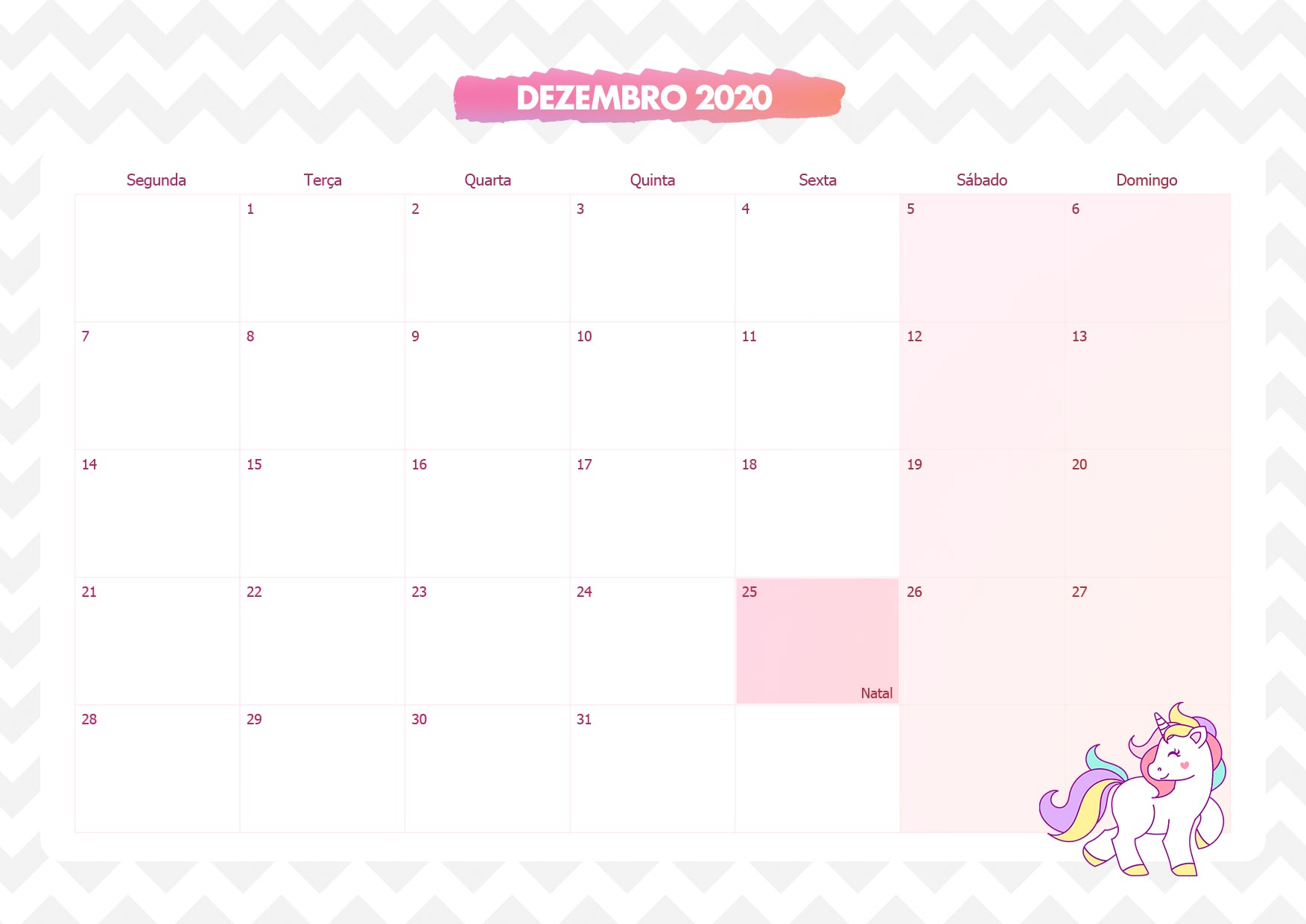 Calendario Mensal Unicornio Rosa Dezembro 2020
