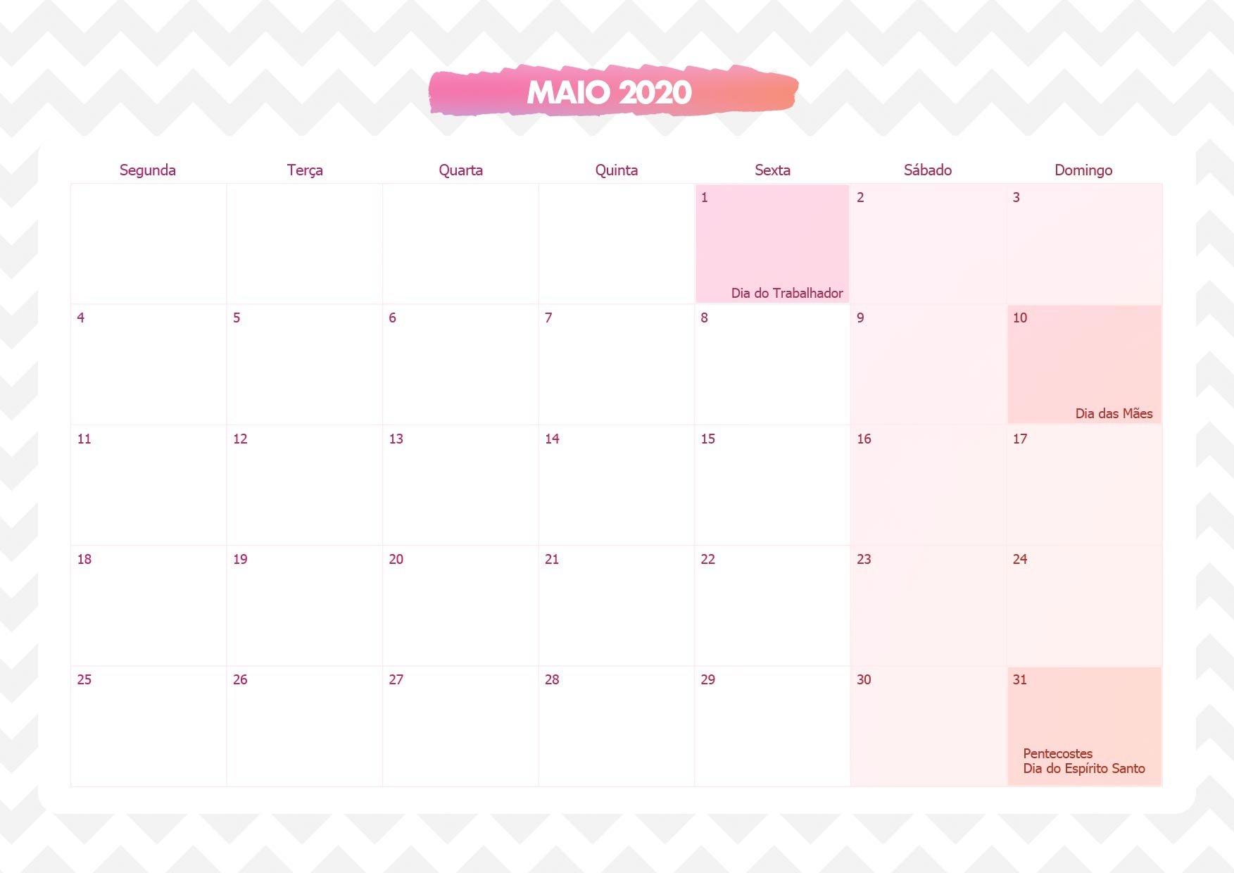 Calendario Mensal Unicornio Rosa Maio 2020