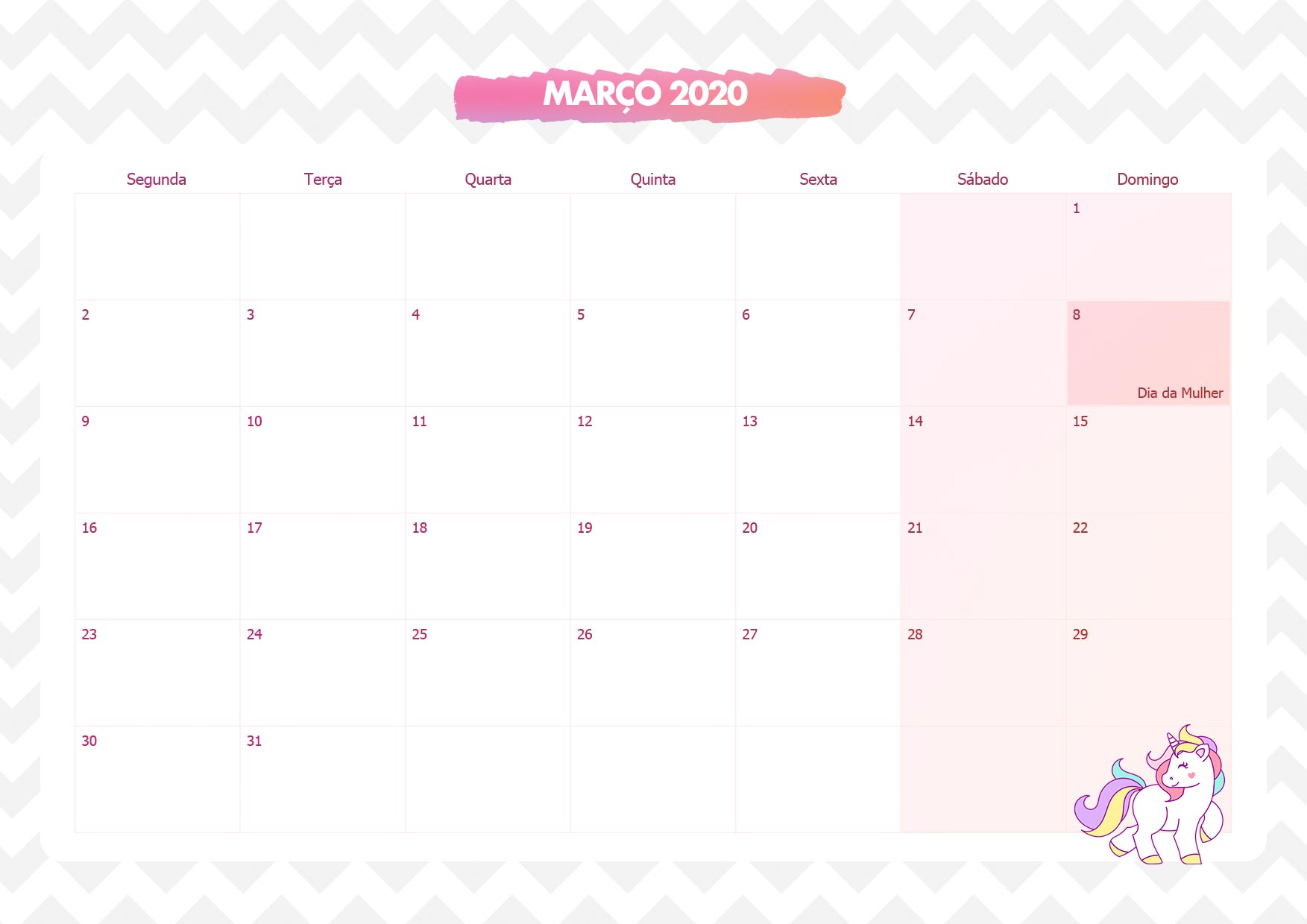 Calendario Mensal Unicornio Rosa Marco 2020