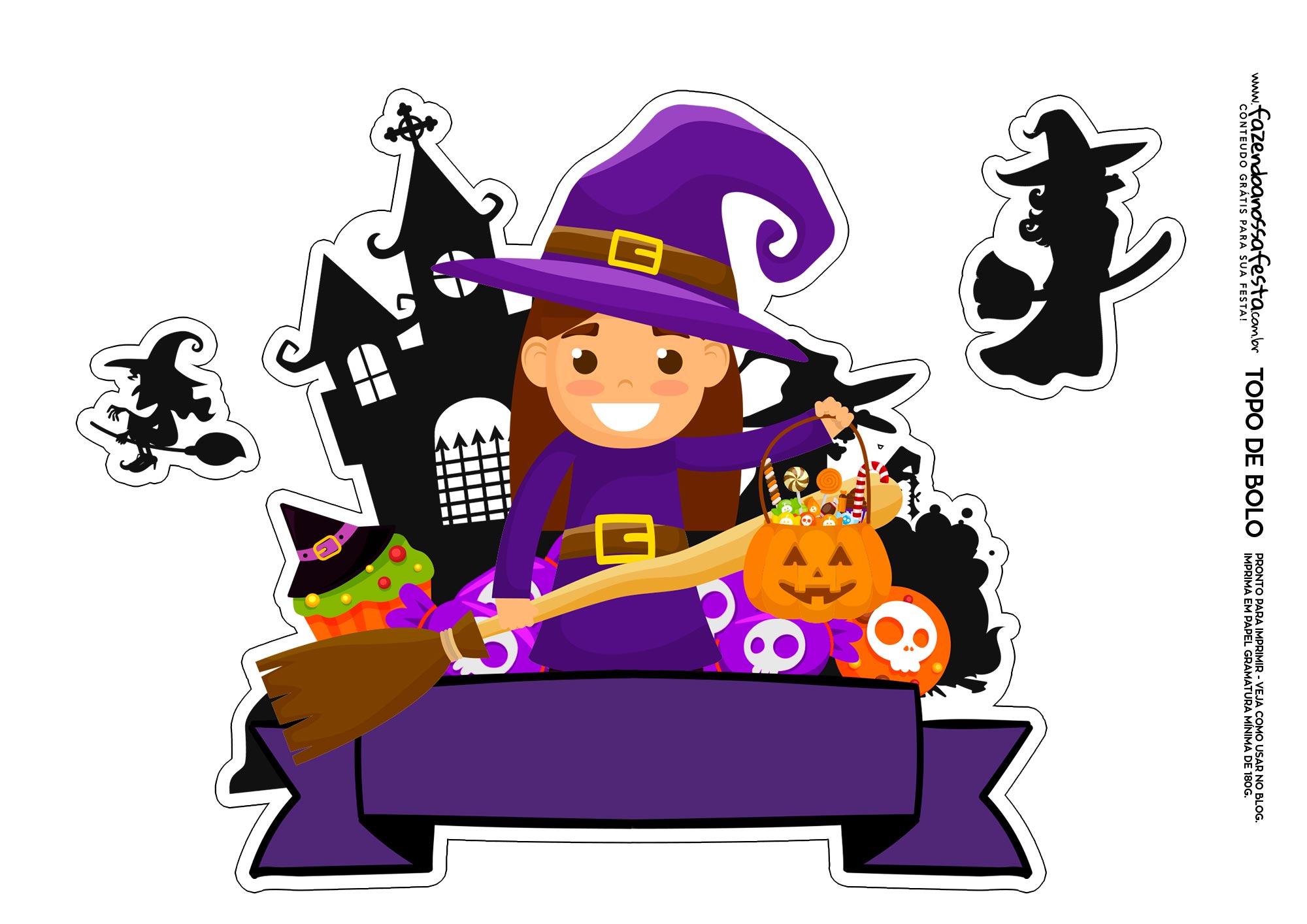 Dia das bruxas Happy Halloween topo de bolo para imprimir bruxinha com  morcegos castelo assustador png