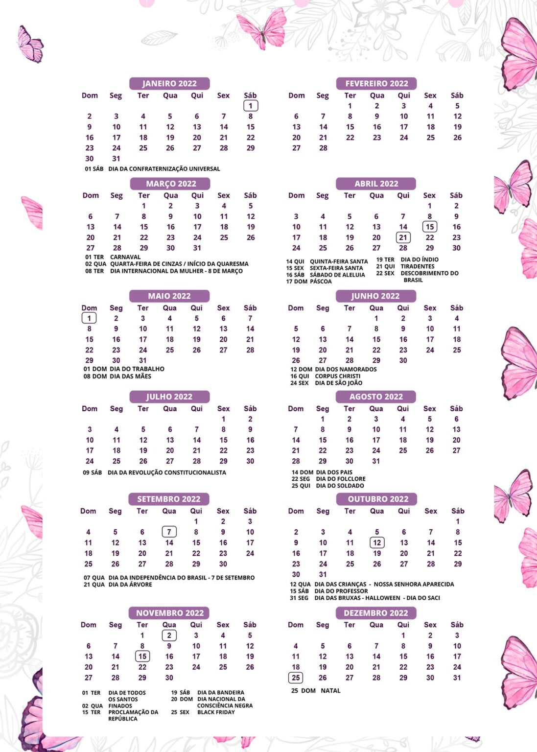 Calendario Borboleta Rosa Fazendo A Nossa Festa