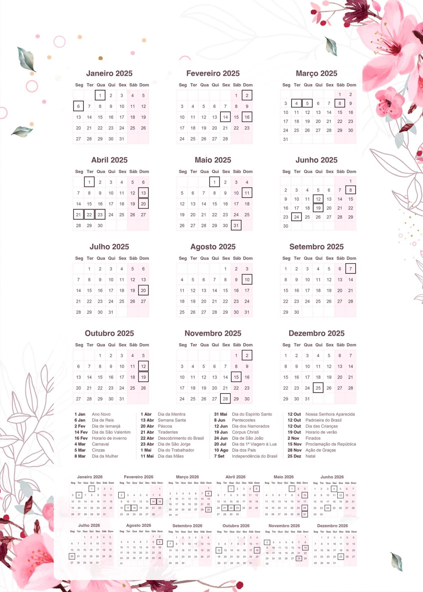 Calendario 2025 Floral Fazendo a Nossa Festa