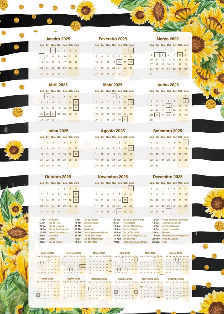 Calendario 2025 Girassol Fazendo a Nossa Festa