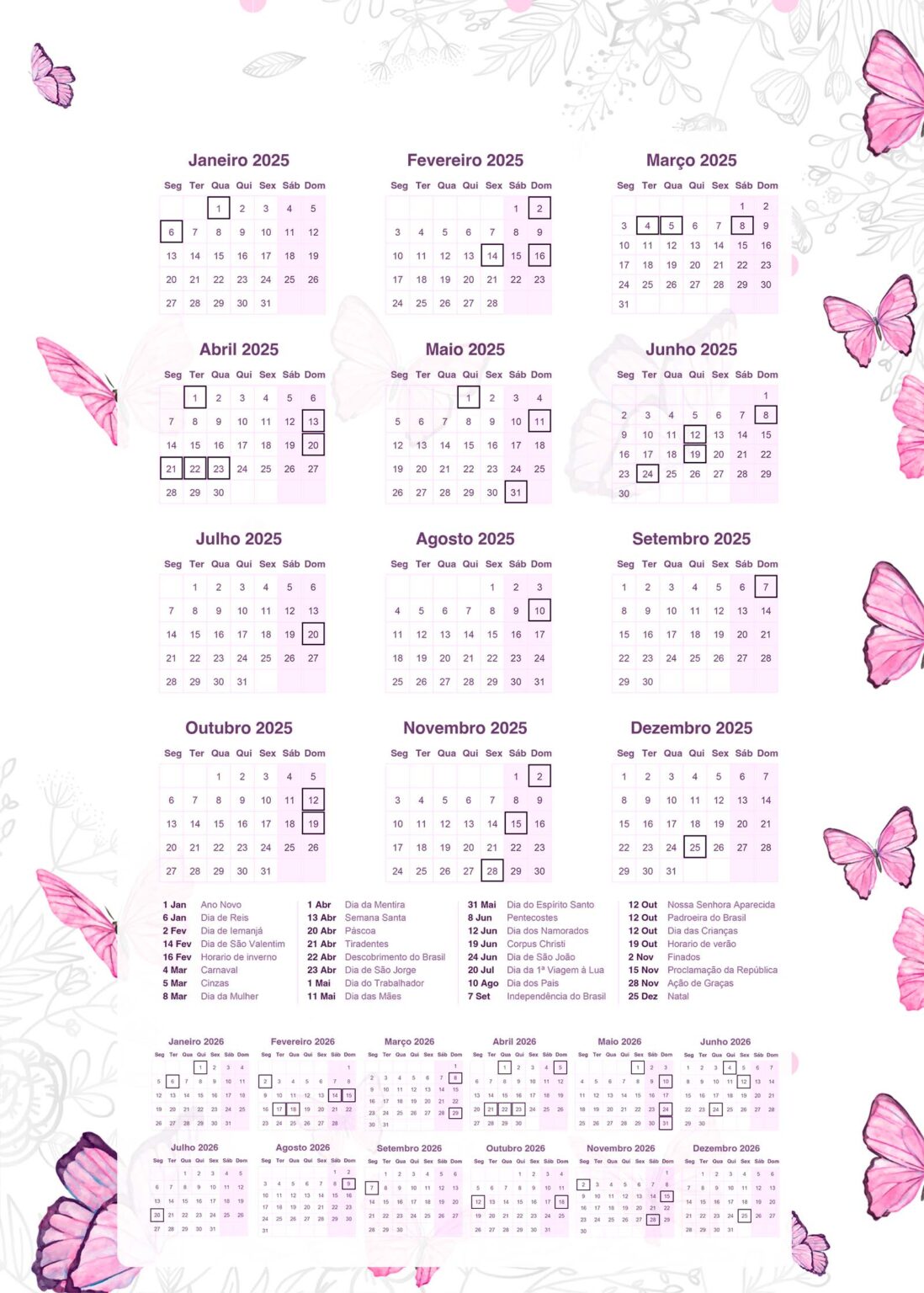 Calendario 2025 borboletas Fazendo a Nossa Festa