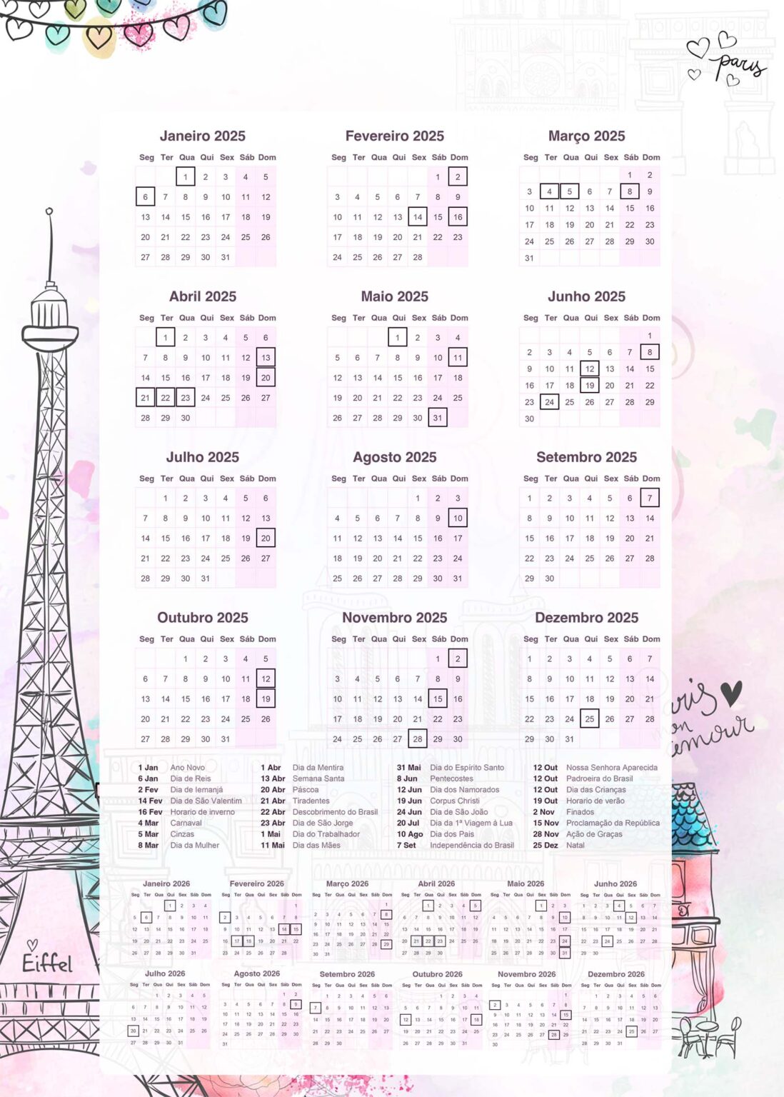 Calendario 2025 paris Fazendo a Nossa Festa