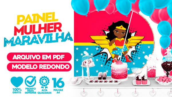 Painel Festa Mulher Maravilha Cute Afro Usando Folhas A4 para Imprimir