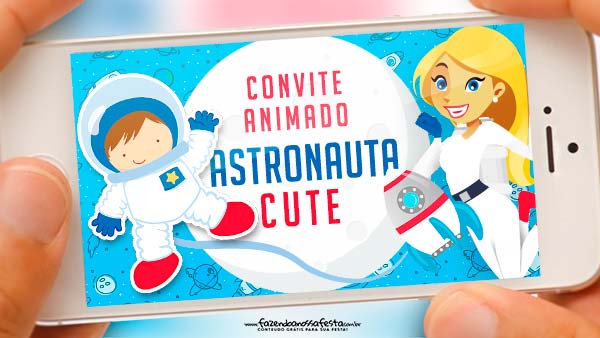 Convite Animado Astronauta Cute Grátis para Baixar e Editar