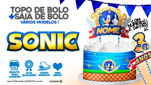 Topo de Bolo Sonic e Saia de Bolo para Imprimir