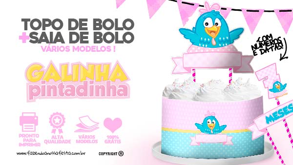 Topo de bolo Galinha Pintadinha Rosa e Saia de Bolo para Imprimir