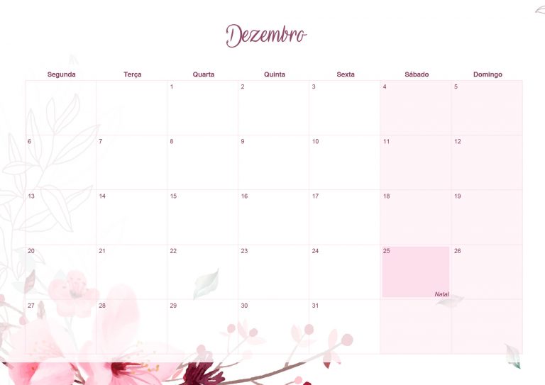 Calendario Mensal Floral Dezembro Fazendo A Nossa Festa