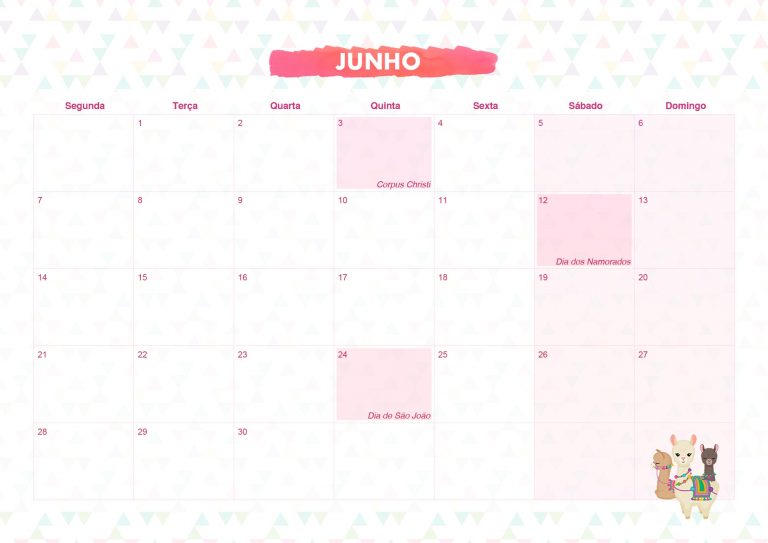 Calendario Mensal Lhama Rosa Junho Fazendo A Nossa Festa