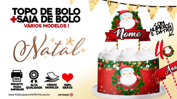 Topo de bolo Natal Papai Noel Gratis para Imprimir