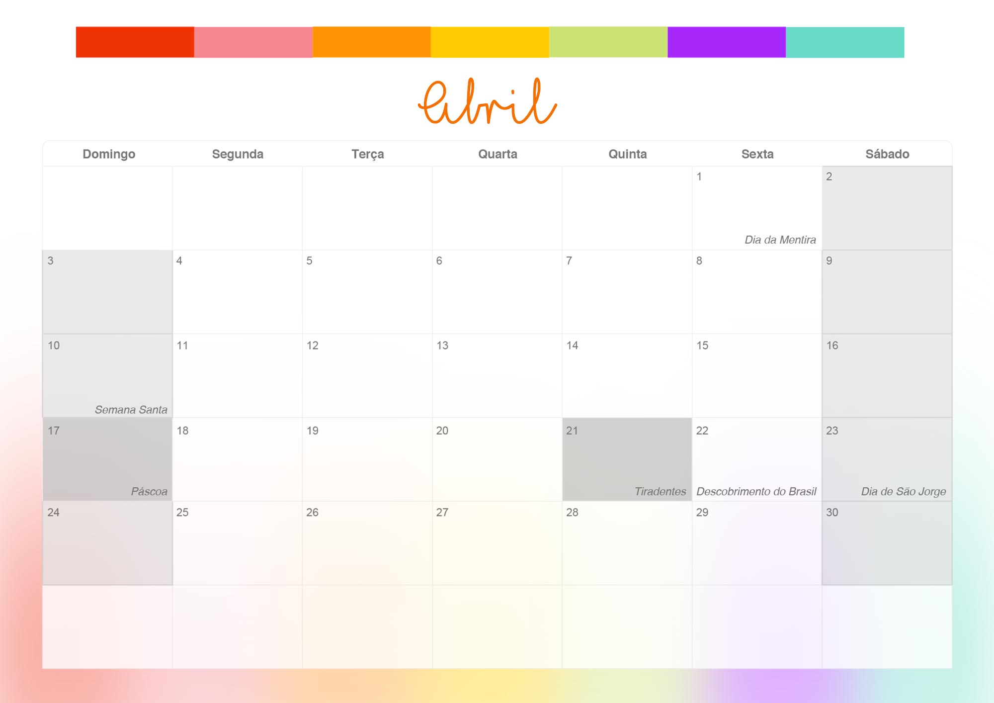 Calendario Mensal 2022 Listras Coloridas Abril