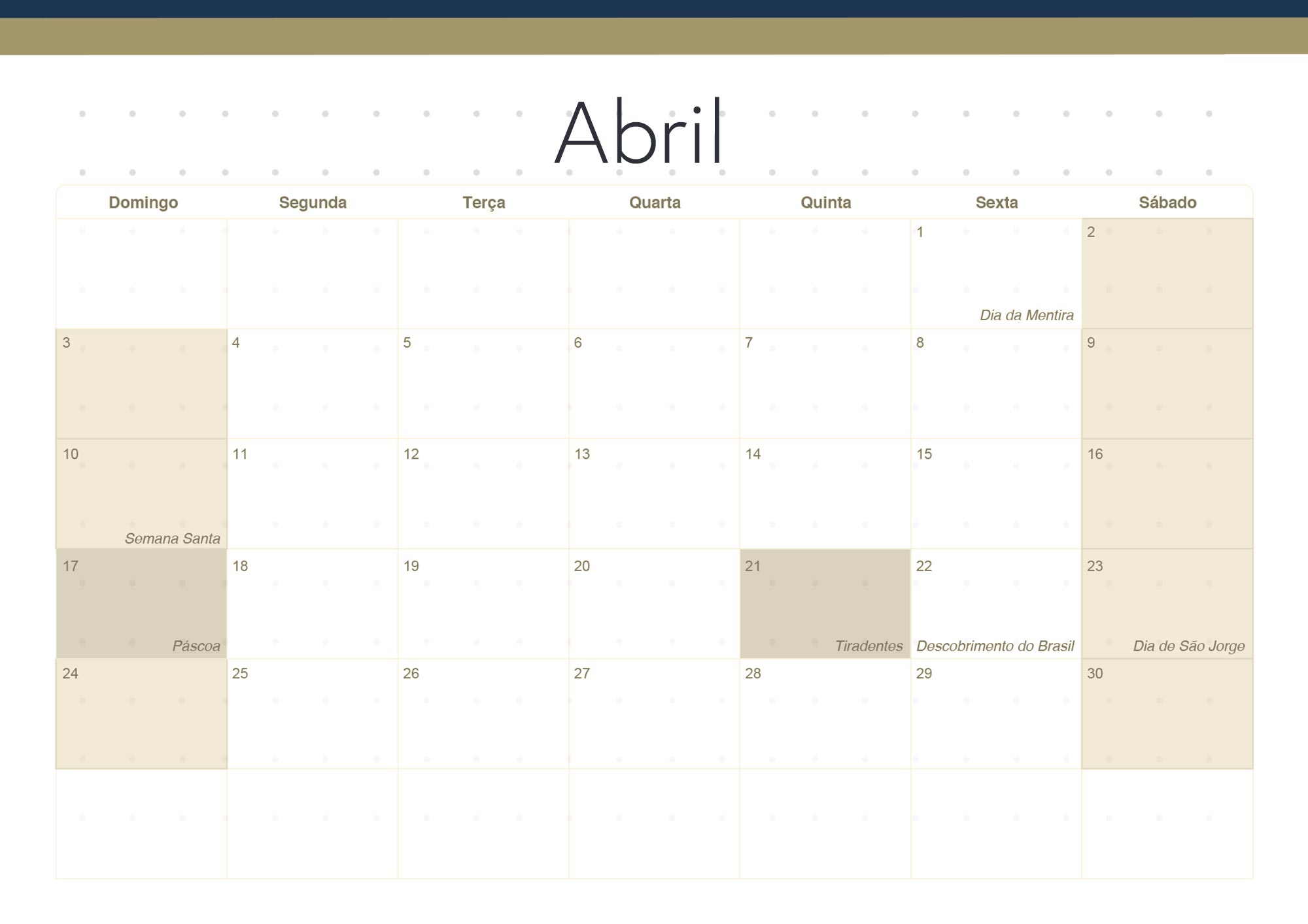 Calendario Mensal 2022 Azul Marinho Abril