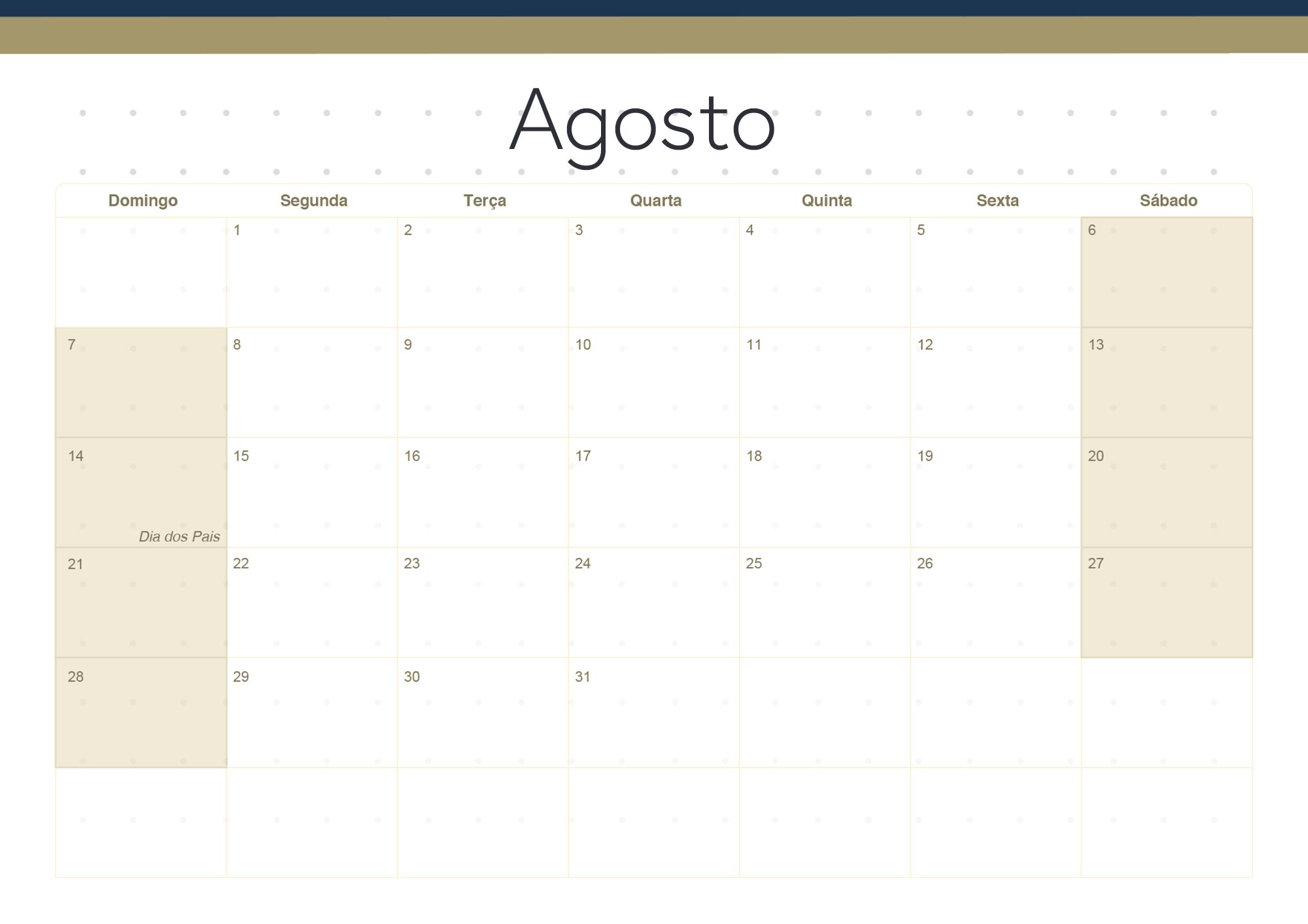 Calendario Mensal 2022 Azul Marinho Agosto