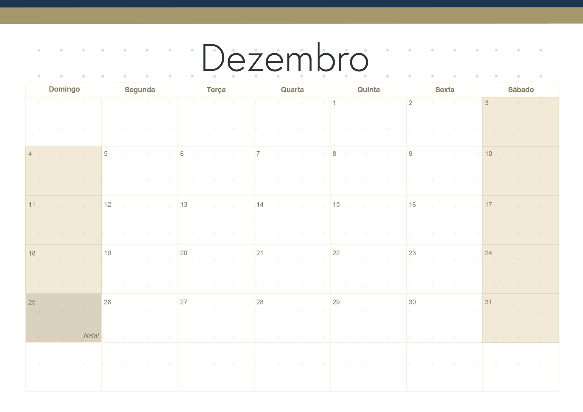 Calendario Mensal 2022 Azul Marinho Dezembro