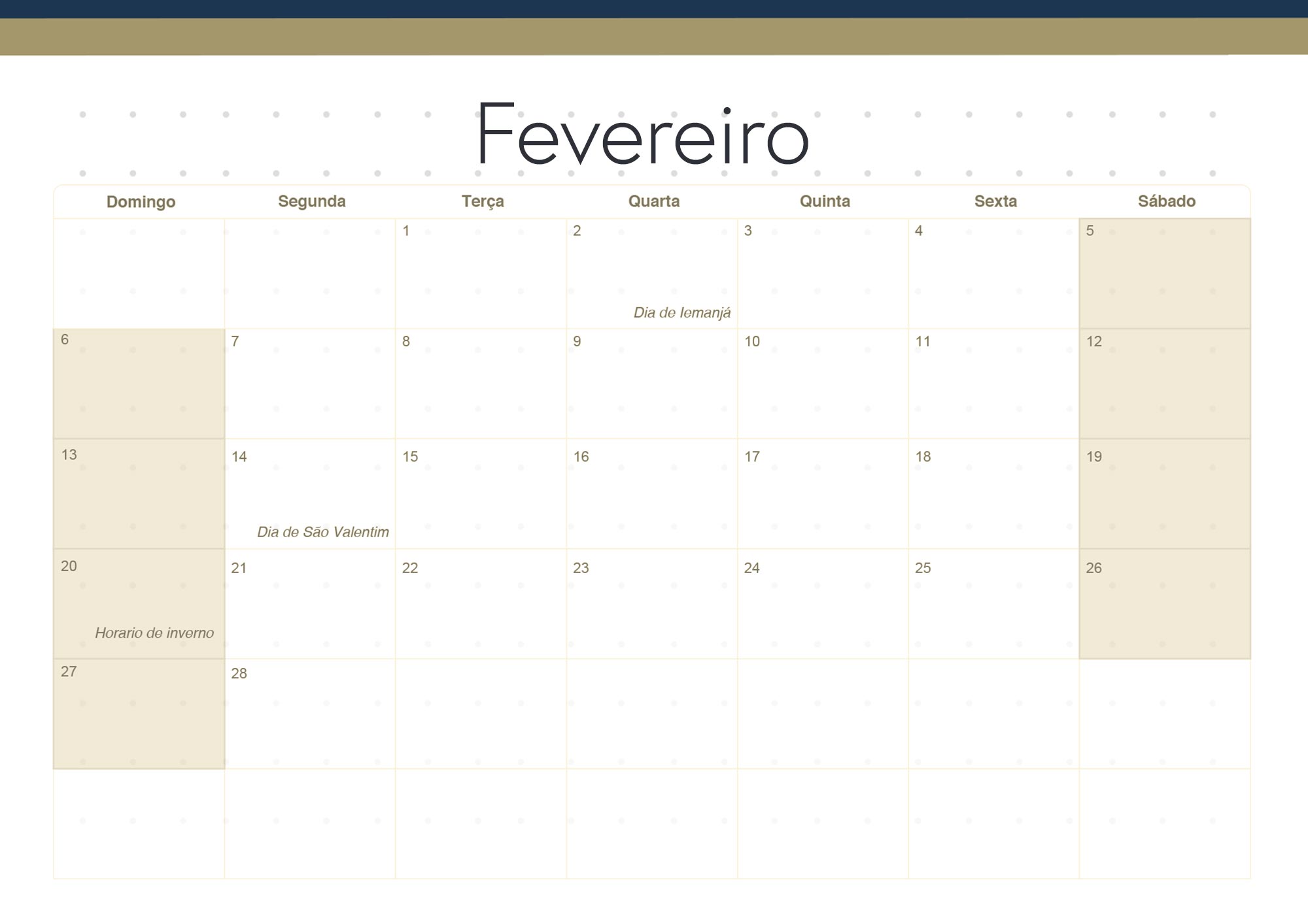 Calendario Mensal 2022 Azul Marinho Fevereiro