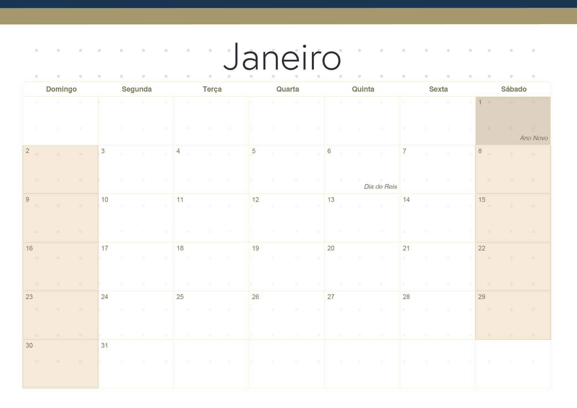 Calendario Mensal 2022 Azul Marinho Janeiro