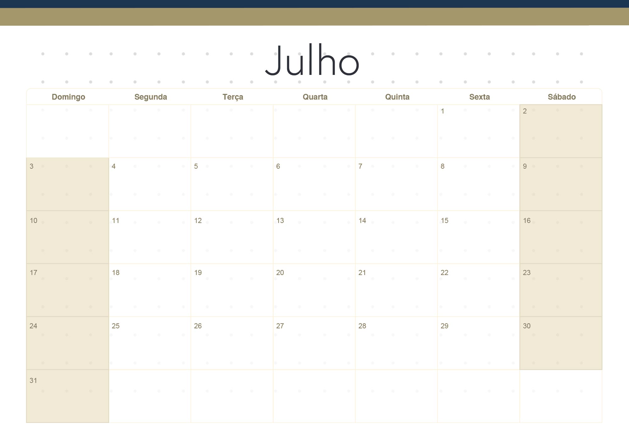 Calendario Mensal 2022 Azul Marinho Julho