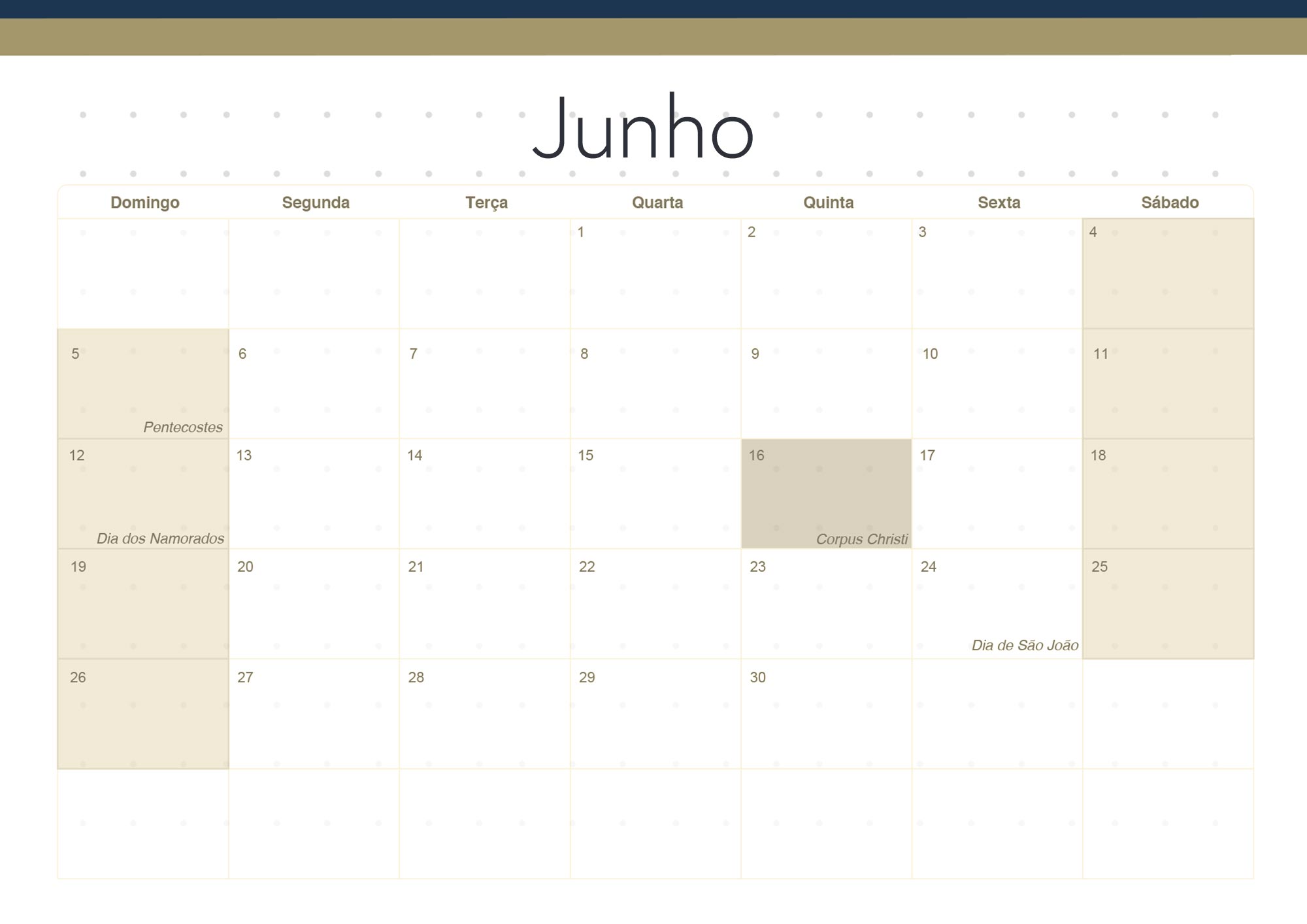 Calendario Mensal 2022 Azul Marinho Junho