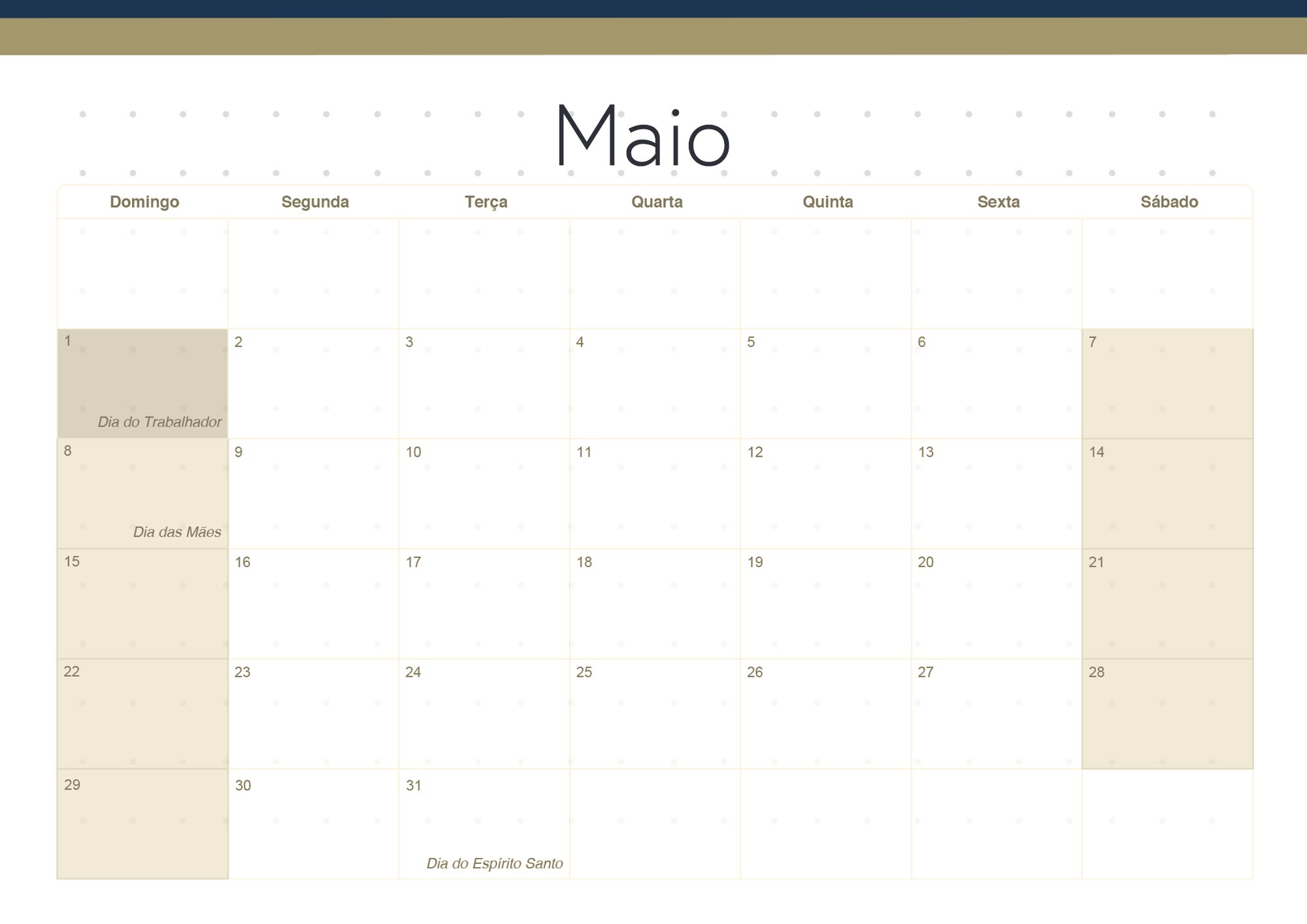 Calendario Mensal 2022 Azul Marinho Maio
