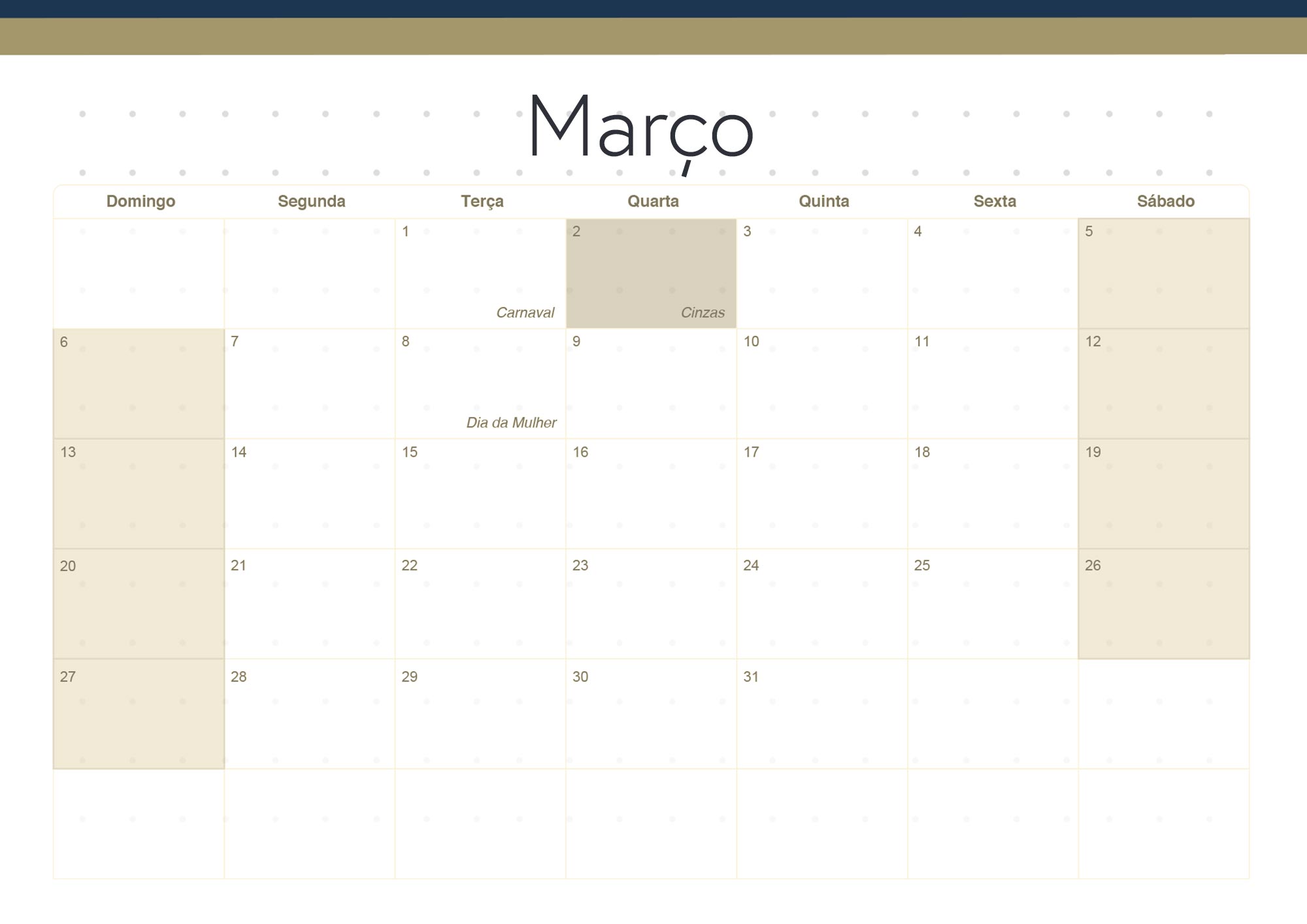 Calendario Mensal 2022 Azul Marinho Marco