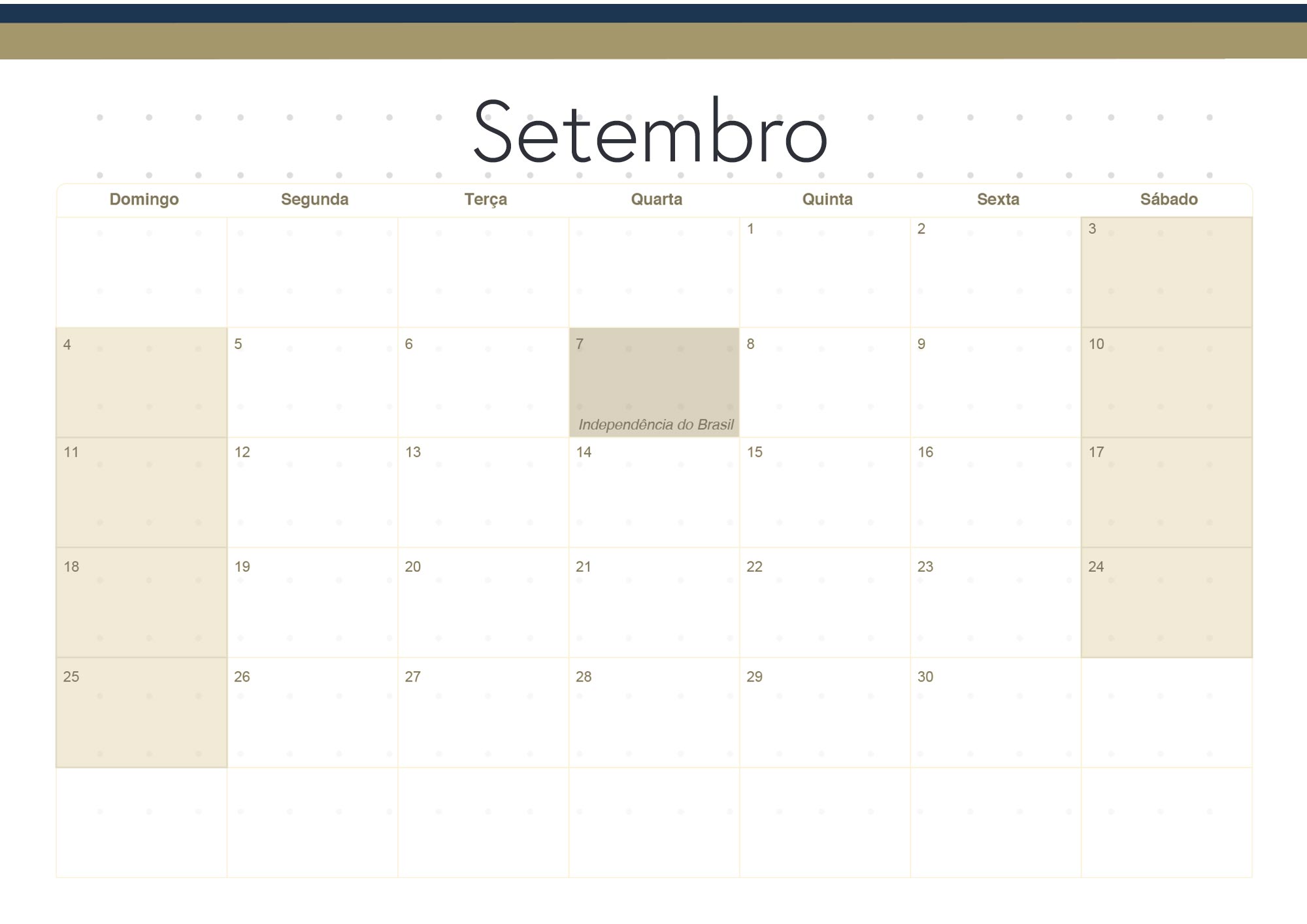 Calendario Mensal 2022 Azul Marinho Setembro