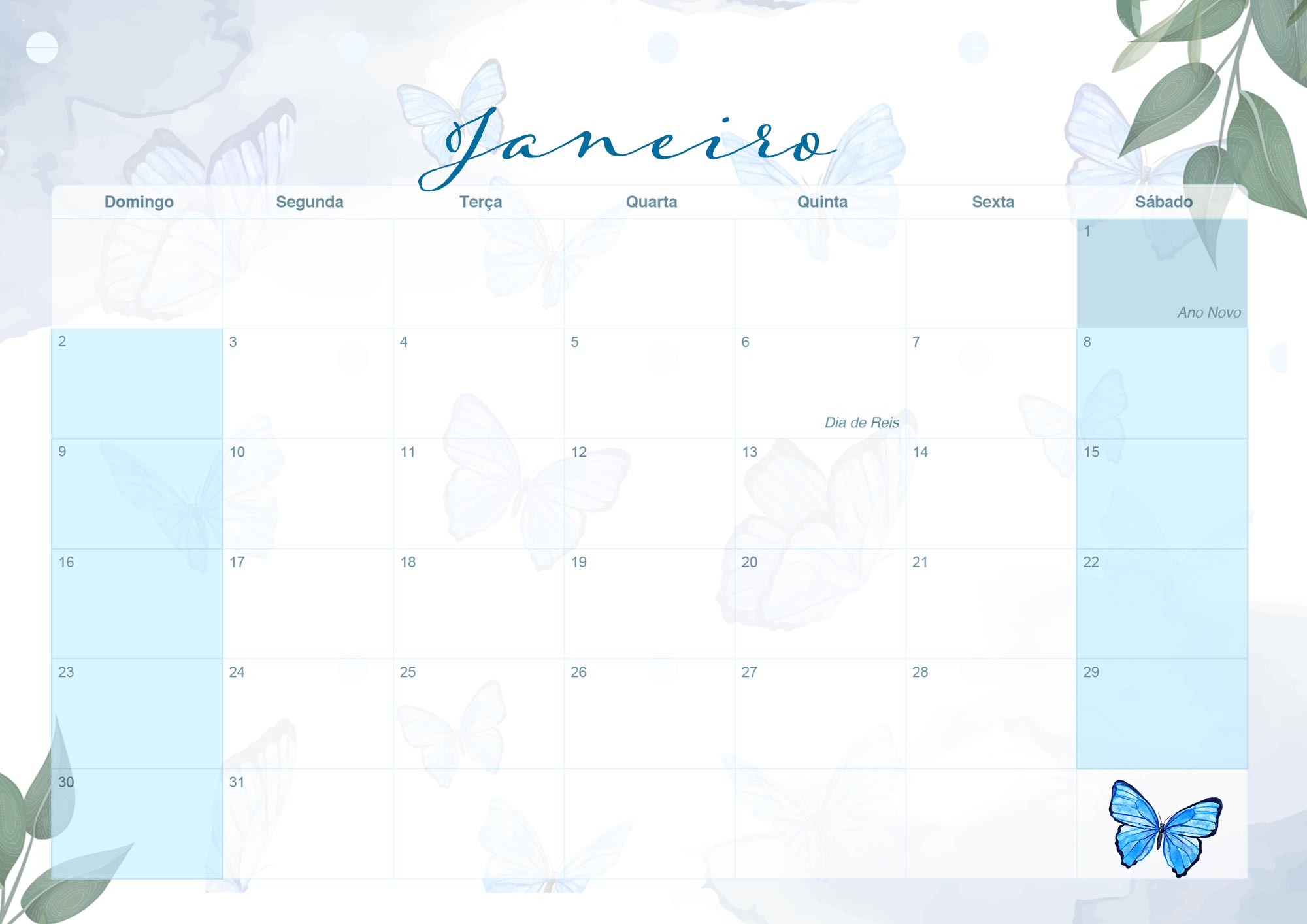 Calendario Mensal 2022 para imprimir Borboletas Azuis Janeiro