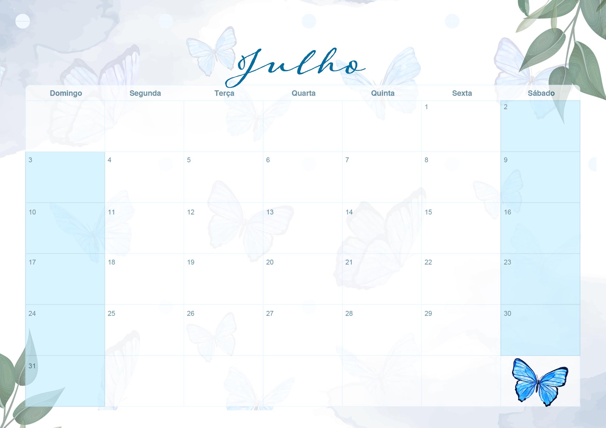 Calendario Mensal 2022 Borboletas Azuis Julho