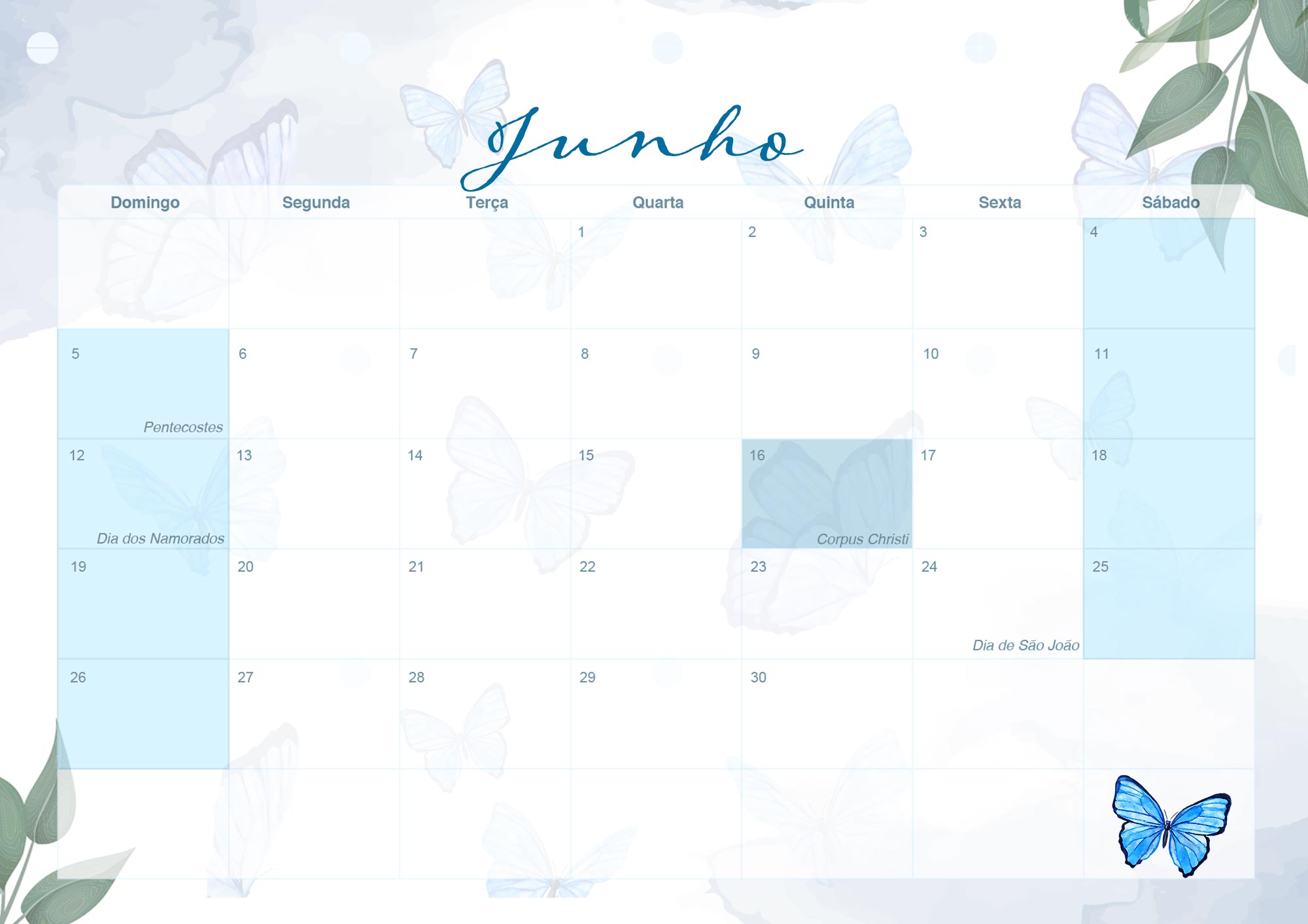 Calendario Mensal 2022 Borboletas Azuis Junho