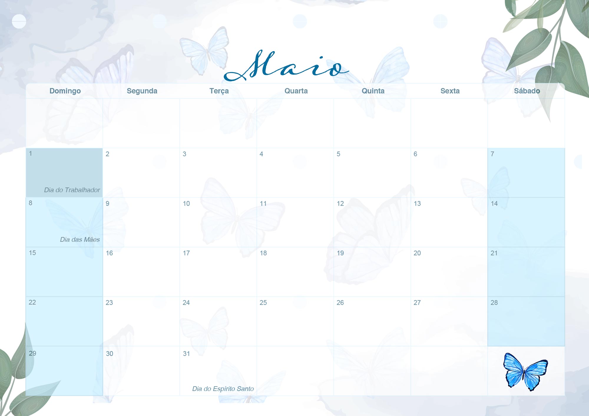 Calendario Mensal 2022 Borboletas Azuis Maio