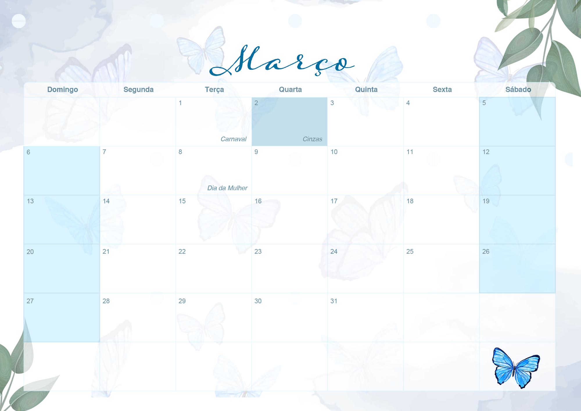 Calendario Mensal 2022 Borboletas Azuis Marco