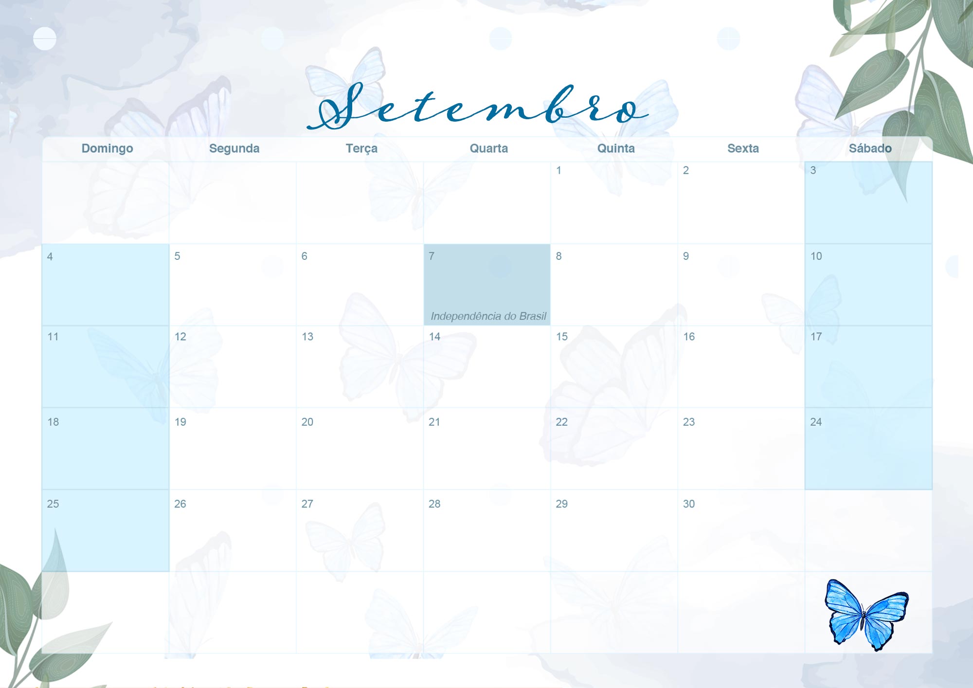Calendario Mensal 2022 Borboletas Azuis Setembro
