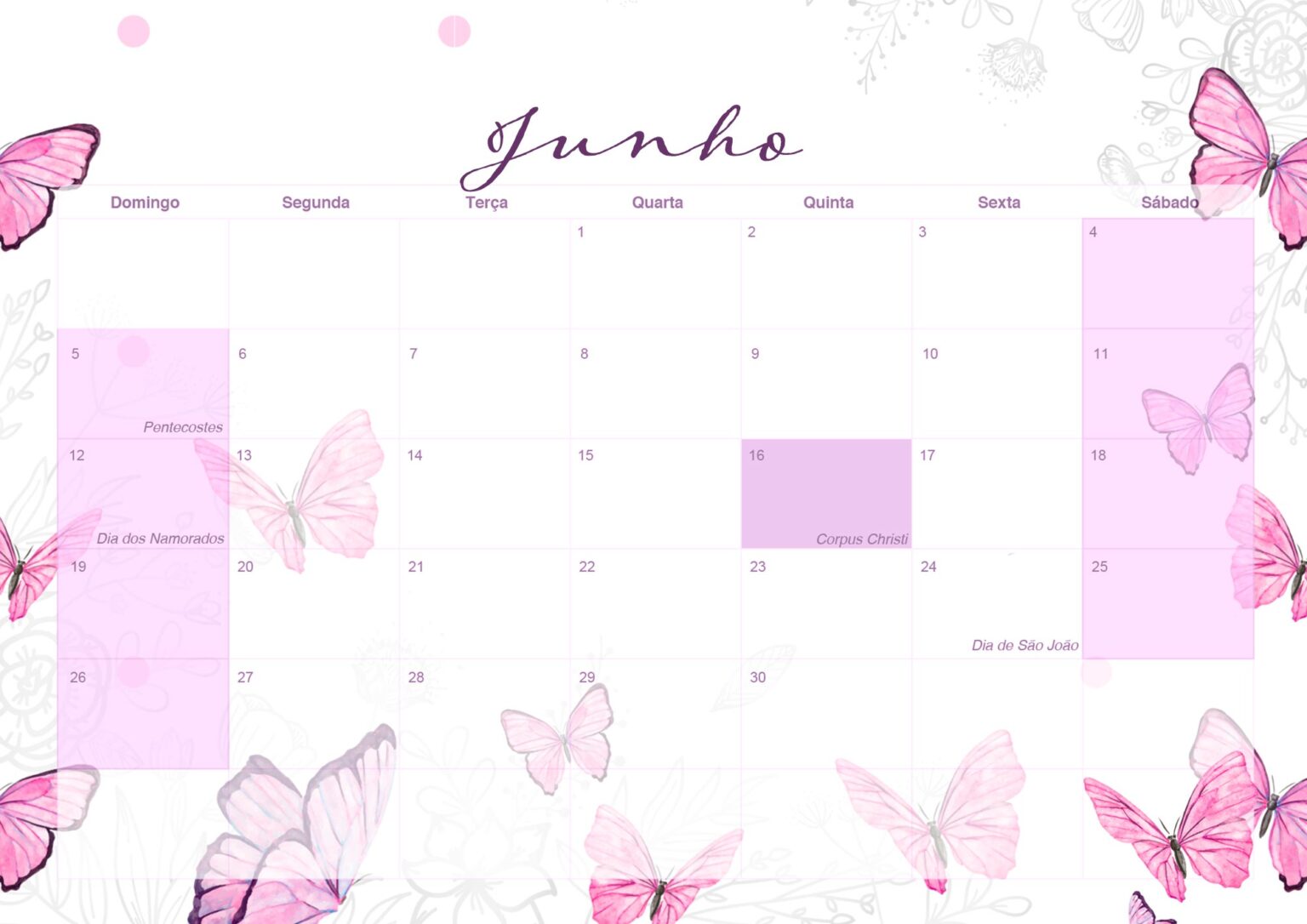 Calendario Mensal Borboletas Rosa Junho Fazendo A Nossa Festa