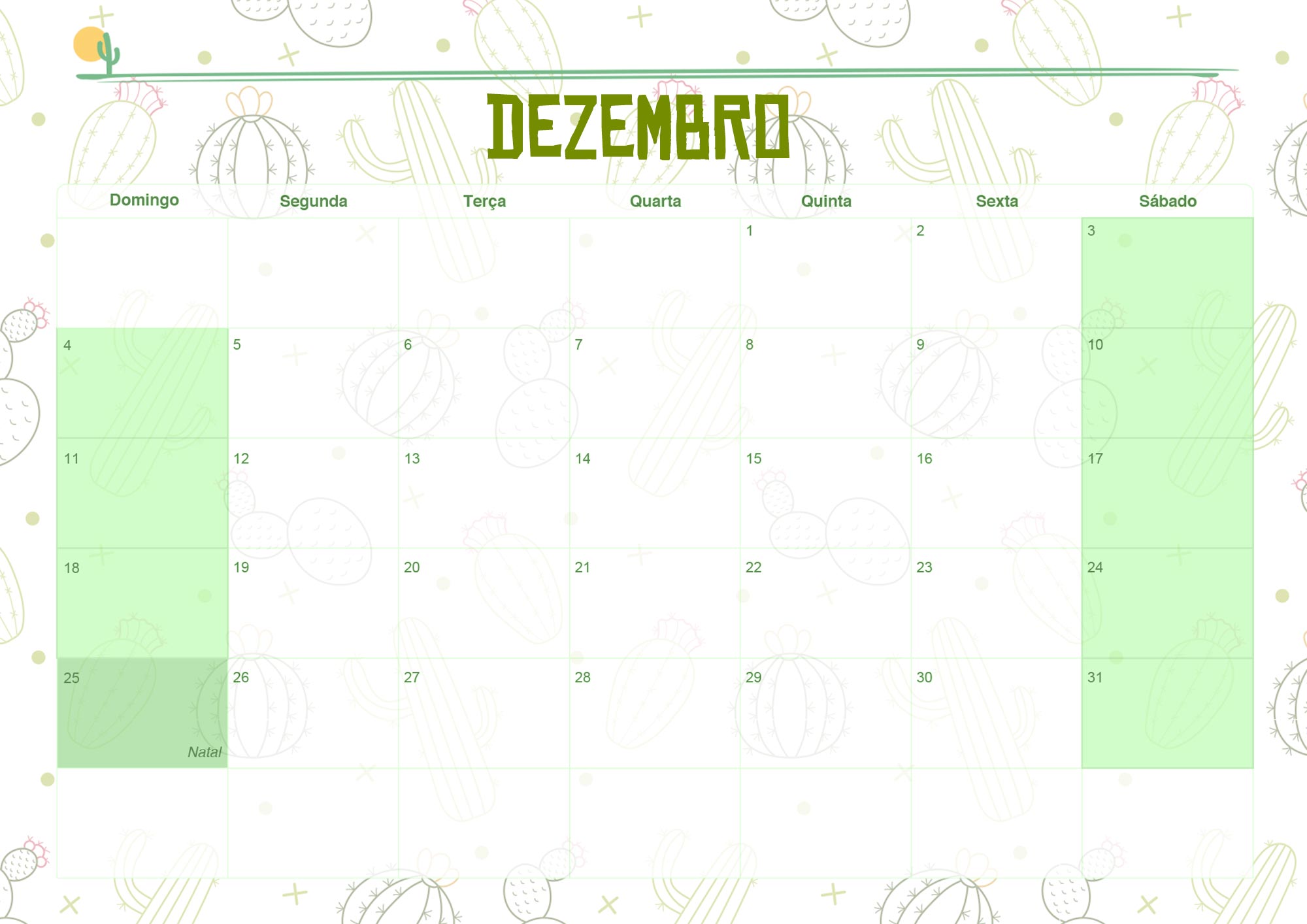 Calendario Mensal 2022 Cactos Dezembro