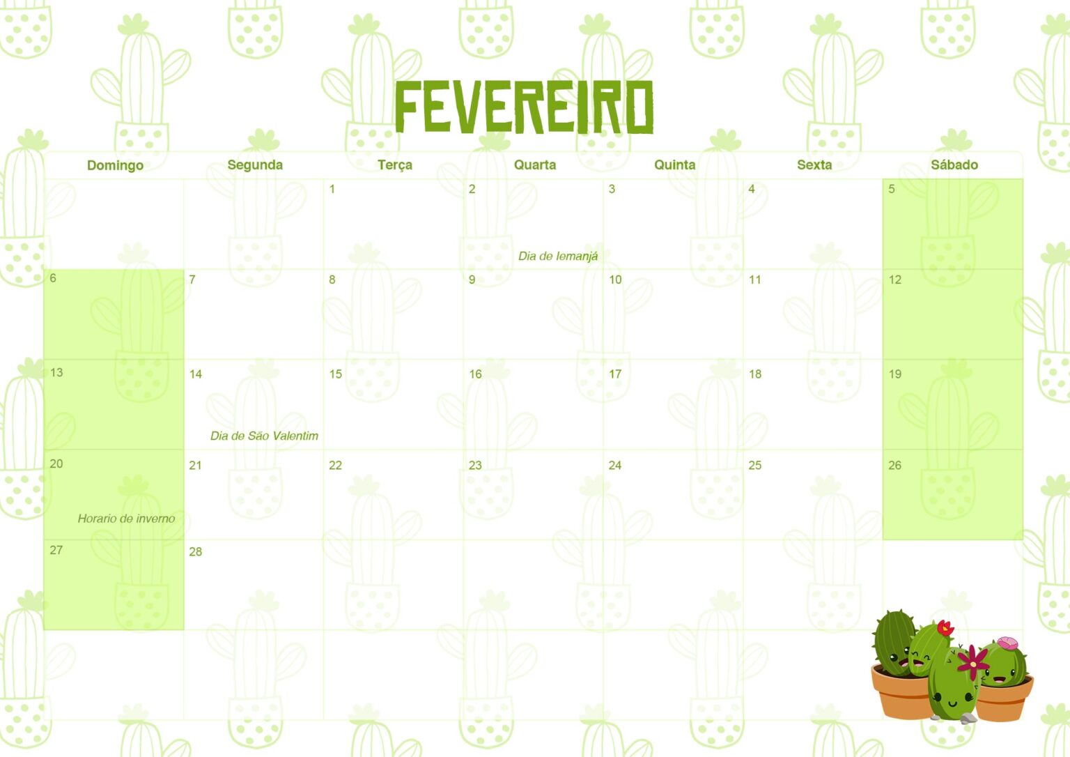 Calendario Mensal Cactos Fevereiro Fazendo A Nossa Festa