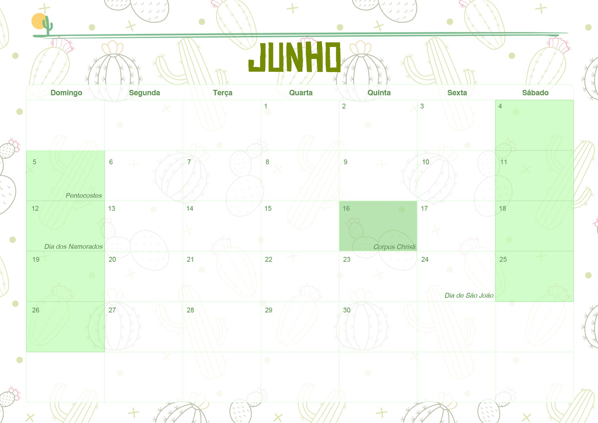 Calendario Mensal 2022 Cactos Junho