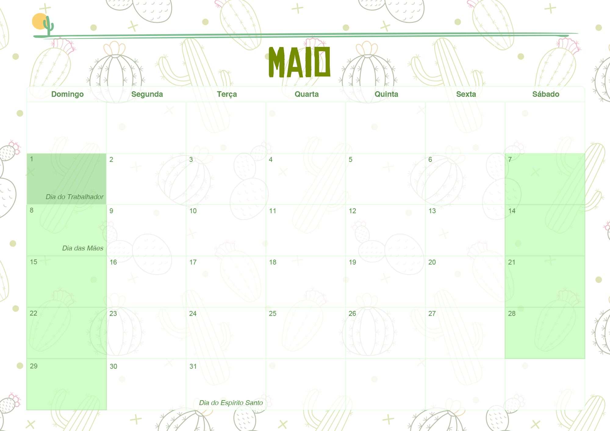 Calendario Mensal 2022 Cactos Maio